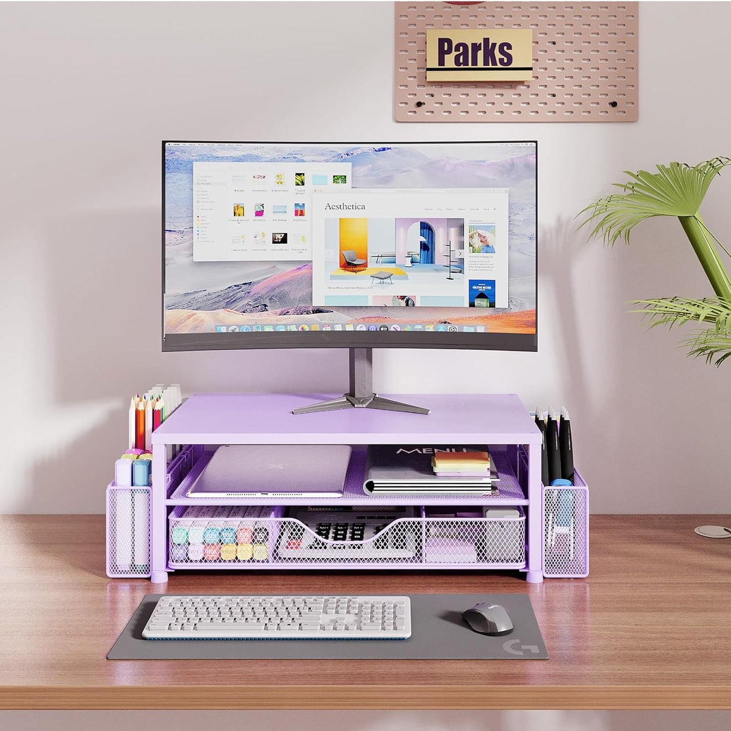 Desk Organizers and Accessories, 2-Tier Computer Monitor Stand Riser with Drawer and 2 Pen Holders, Office Desk Accessories for Office Supplies, Purple