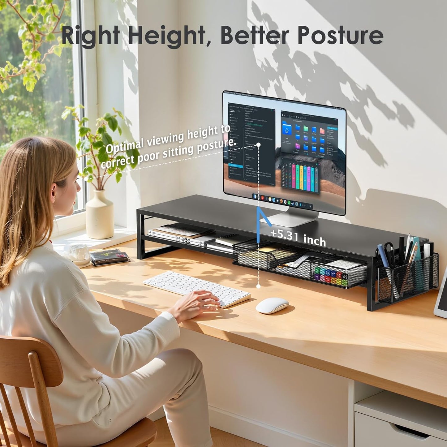 Desk Organizers and Accessories, 2-Tier Dual Computer Monitor Stand Riser for Desk Organizer with Drawer & Pen Holder, Desktop Workspace Organizer & Desk Accessories for Office Supplies(Black)