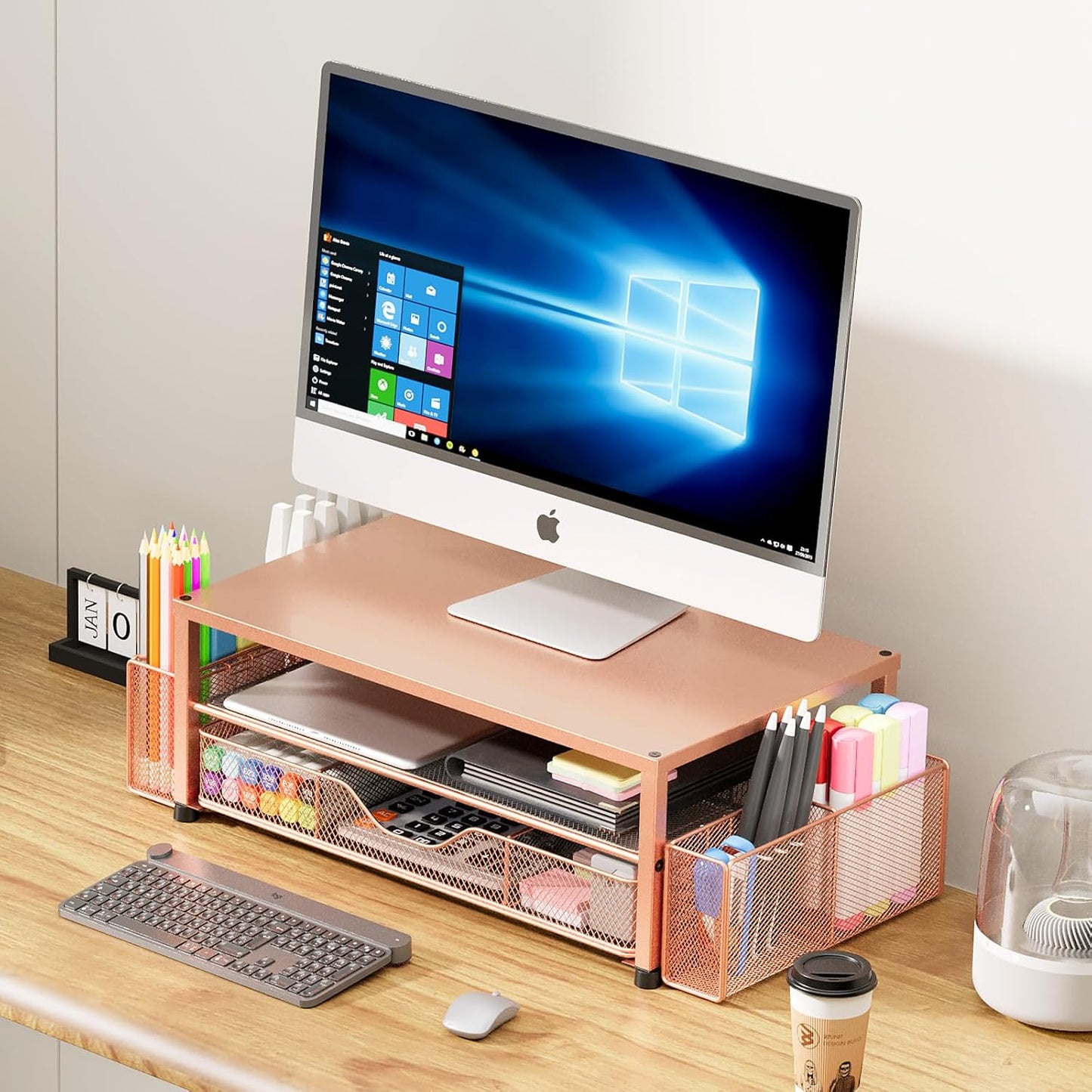 Desk Organizers and Accessories, 2-Tier Computer Monitor Stand with Drawer and 2 Pen Holders, Office Desk Accessories for Office Supplies, Rose Gold