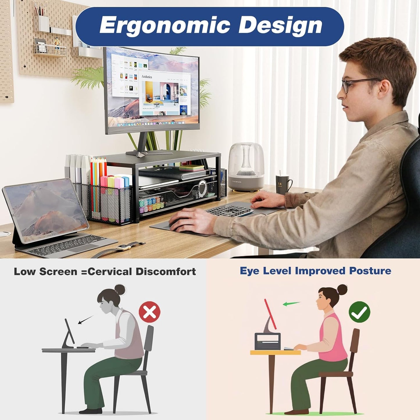 Desk Organizers and Accessories, 2-Tier Computer Monitor Stand with Drawer and 2 Pen Holders, Office Desk Accessories for Office Supplies, Rose Gold