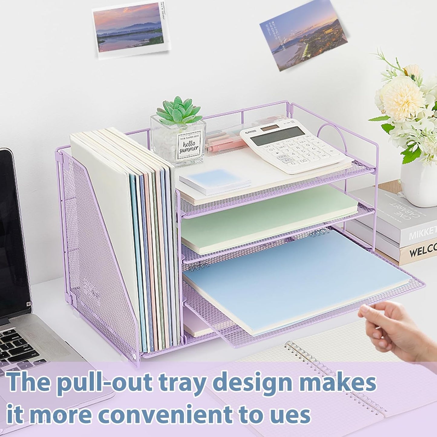 Desk Organizers and Accessories, 4 Tier Paper Letter Tray File Organizer, Office Organization Storage Desk Accessories Workspace Desktop Organizer for Classroom Office Supplies Decor, Purple