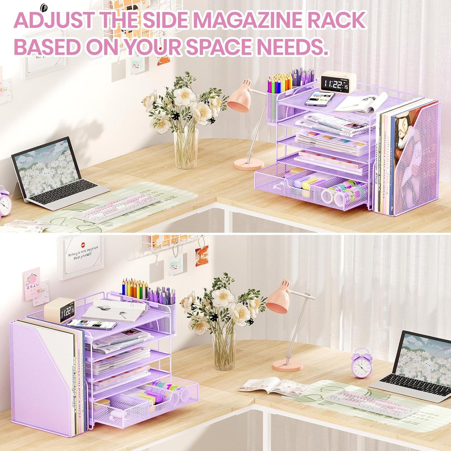 Desk Organizers and Accessories, 5-Tier Paper File Organizer with Drawer & Pen Holder, Office Desk Accessories Workspace Desktop Organizer for Office Supplies((Purple)