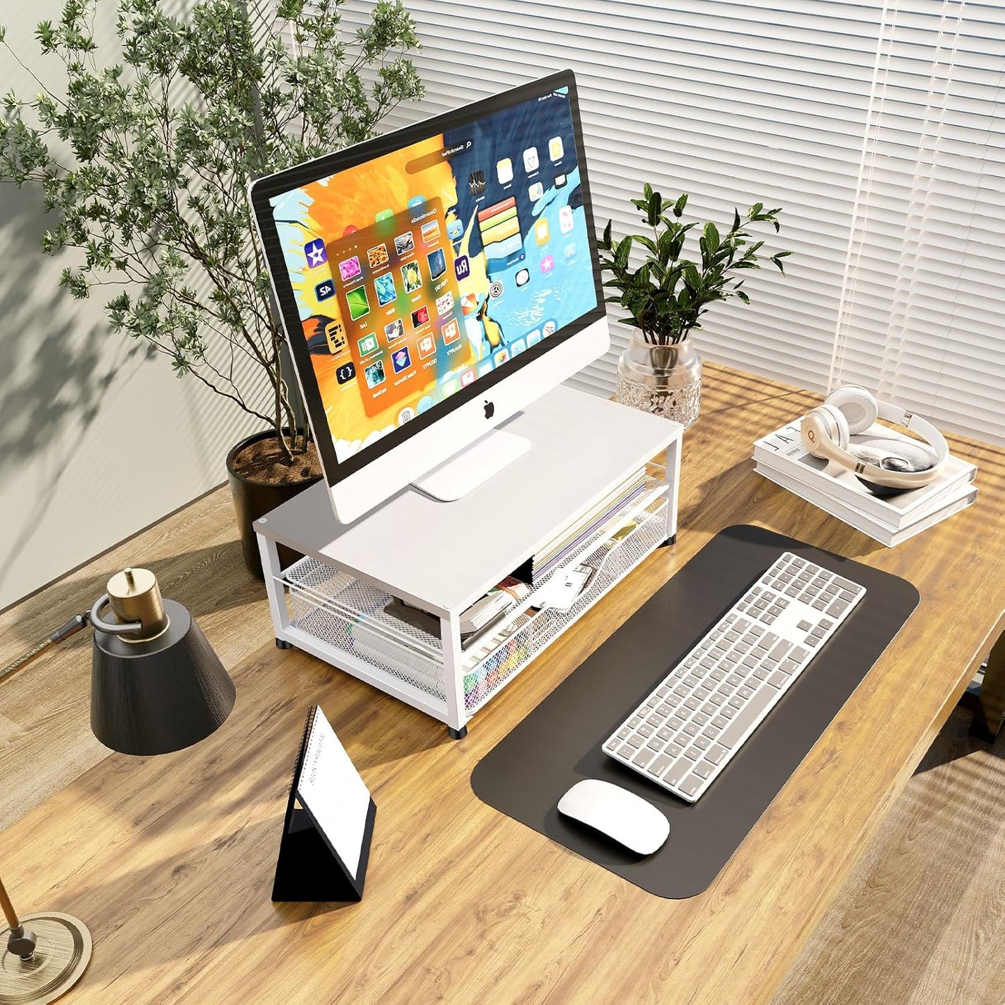Desk Organizers and Accessories, 2-Tier Computer Monitor Stand Riser for Desk Organizer with Drawer, Desktop Workspace Organizer & Office Desk Computer Accessories for Office Supplies(White)