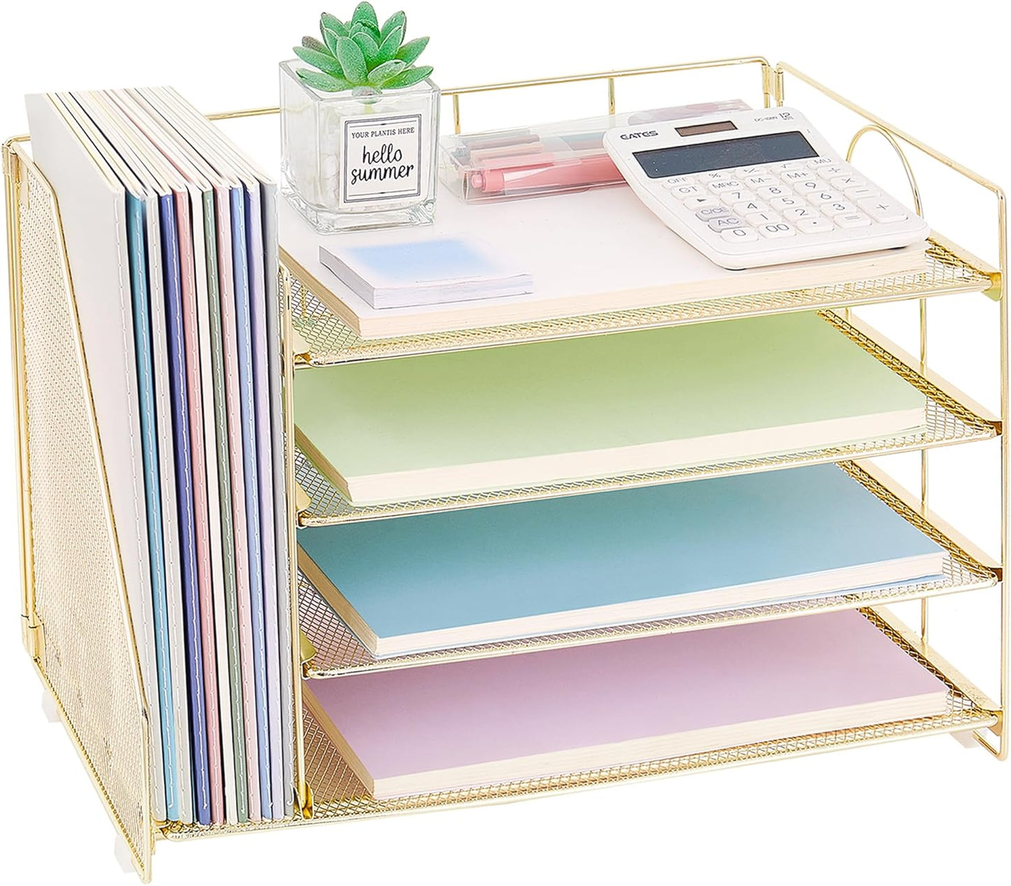 Desk Organizers and Accessories, 4 Tier Paper Letter Tray File Organizer, Desk Accessories Workspace Desktop Organizer for Classroom Office Supplies, Gold