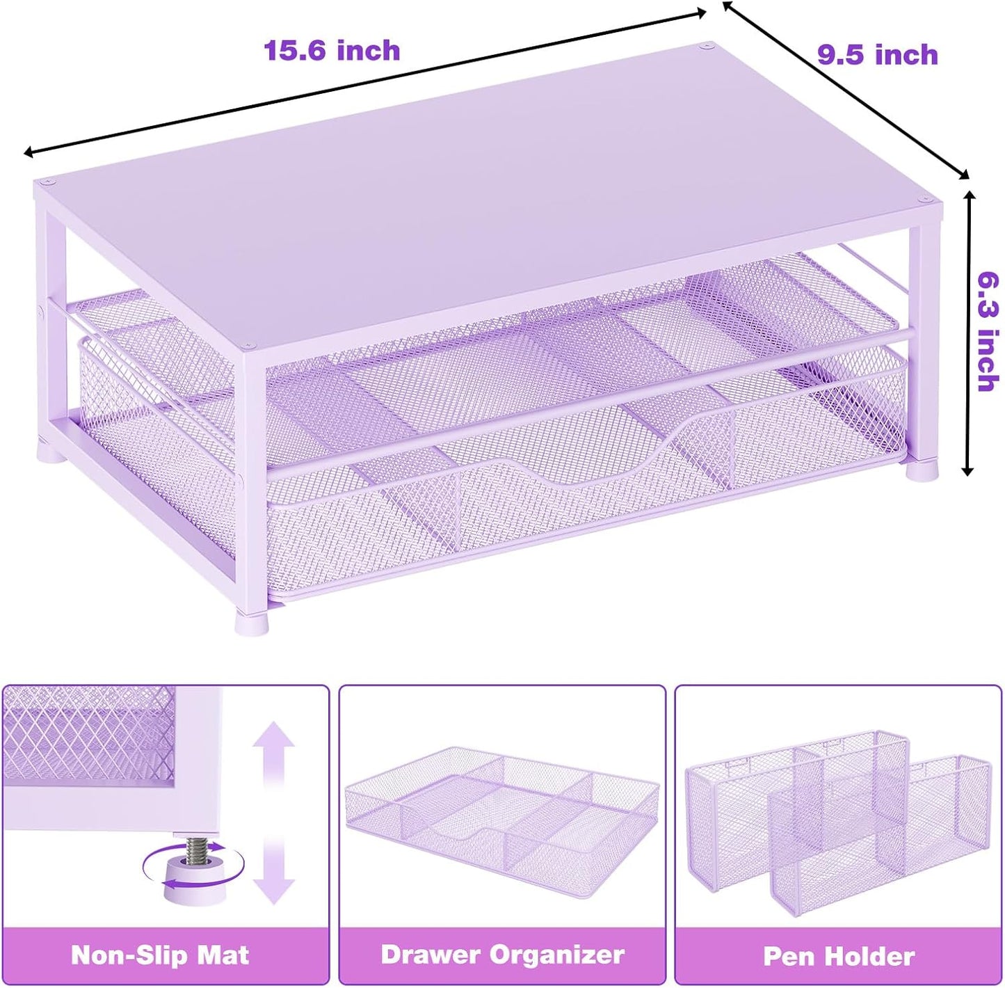 Desk Organizers and Accessories, 2-Tier Computer Monitor Stand Riser with Drawer and 2 Pen Holders, Office Desk Accessories for Office Supplies, Purple