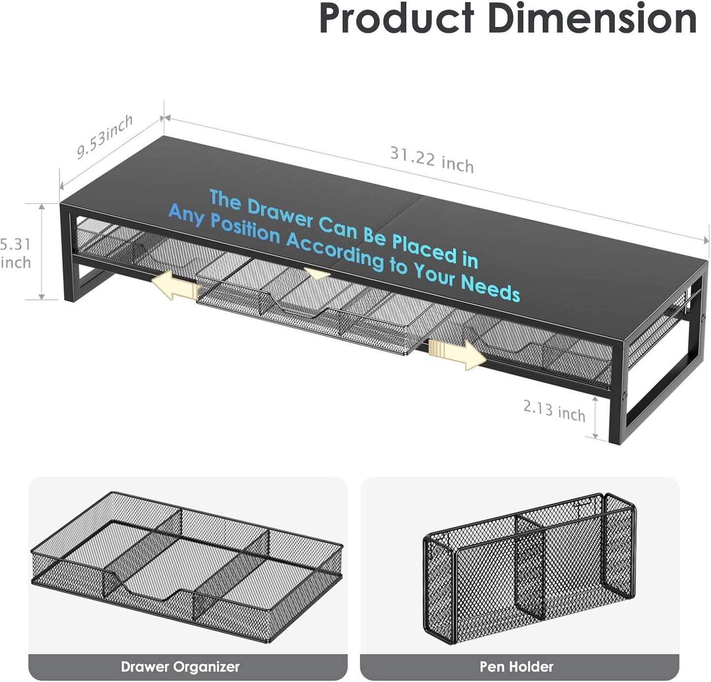 Desk Organizers and Accessories, 2-Tier Dual Computer Monitor Stand Riser for Desk Organizer with Drawer & Pen Holder, Desktop Workspace Organizer & Desk Accessories for Office Supplies(Black)
