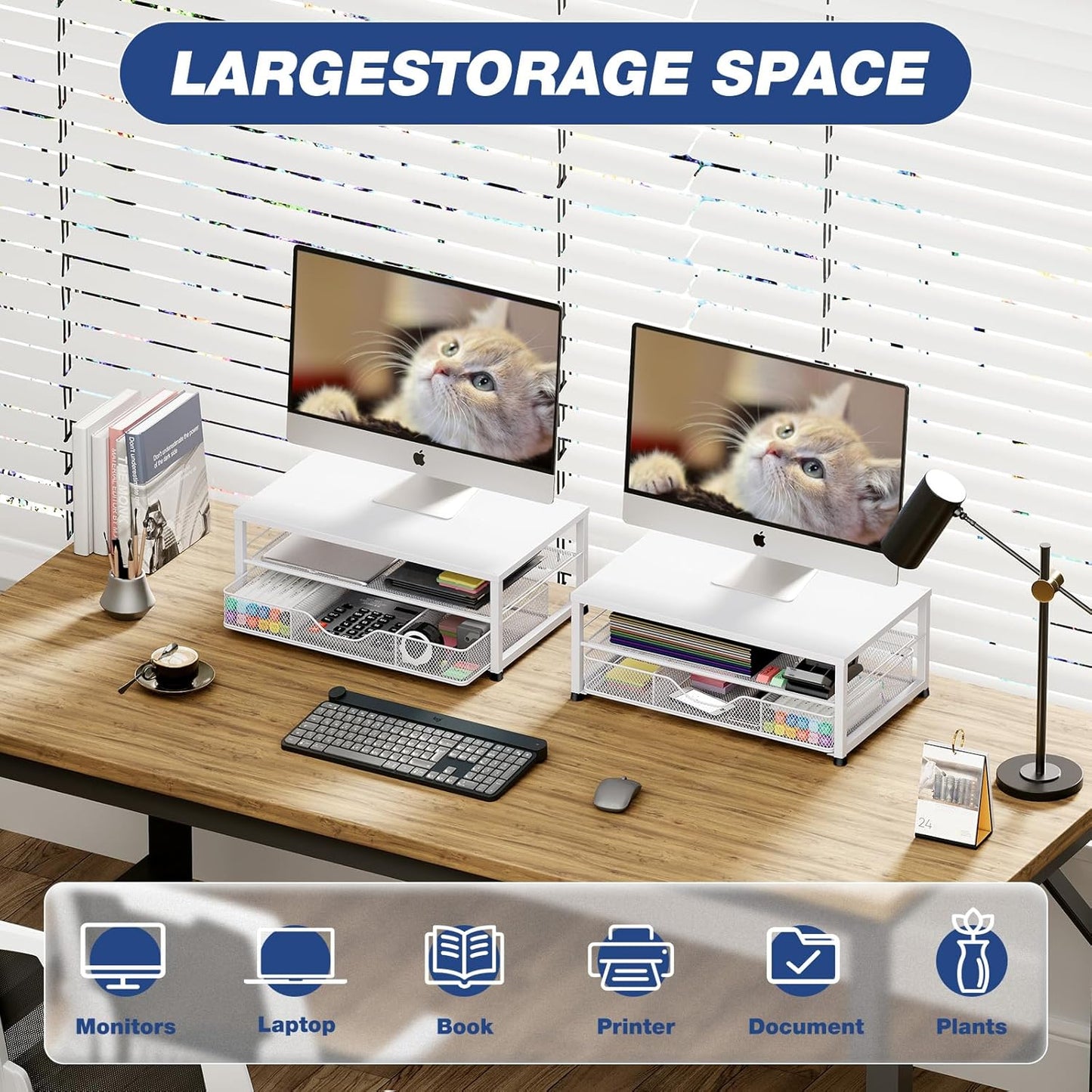 Desk Organizers and Accessories, 2-Tier Computer Monitor Stand Riser for Desk Organizer with Drawer, Desktop Workspace Organizer & Office Desk Computer Accessories for Office Supplies(White)