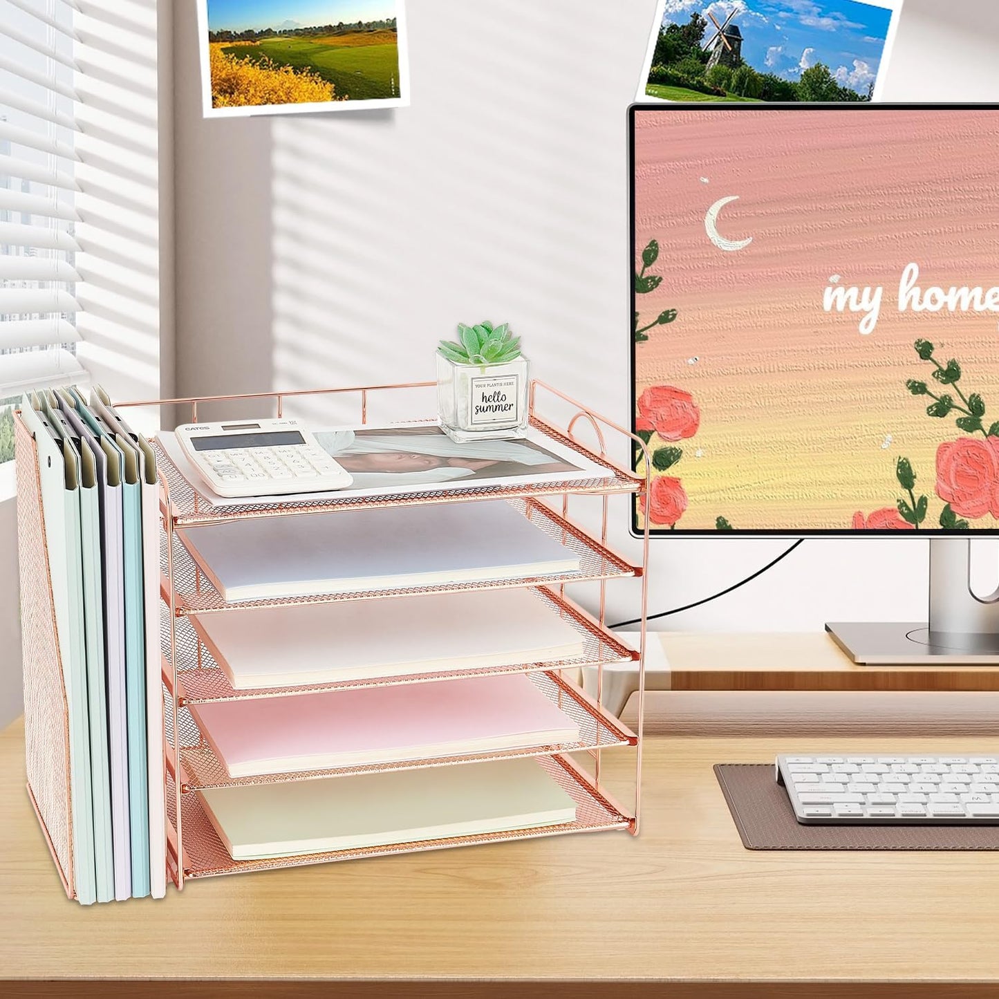 Desk Organizers and Accessories, 5 Tier Paper Letter Tray File Organizer, Office Organization Storage Desk Accessories Workspace Desktop Organizer for Classroom Office Supplies Decor(Rose)