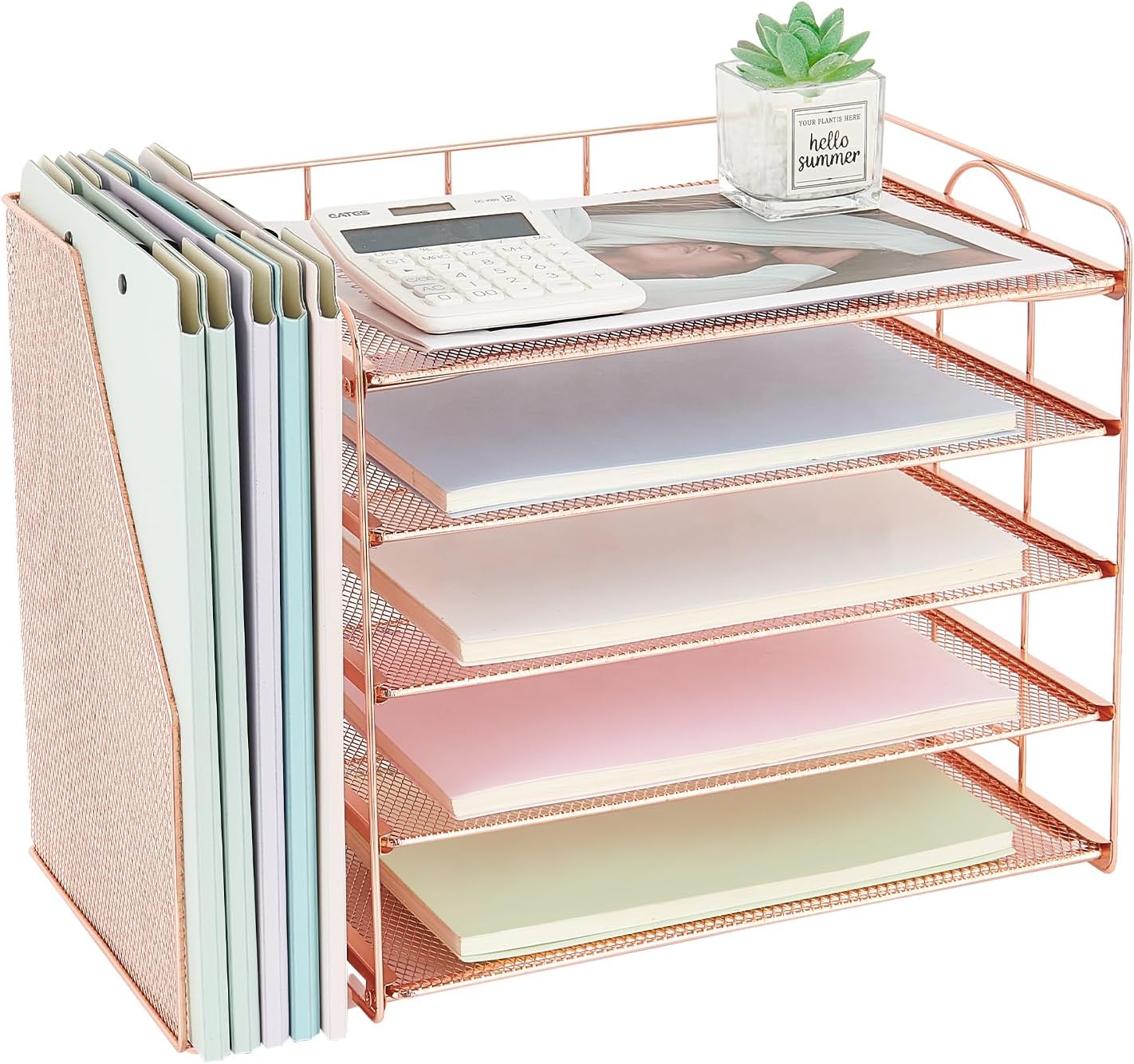 Desk Organizers and Accessories, 5 Tier Paper Letter Tray File Organizer, Office Organization Storage Desk Accessories Workspace Desktop Organizer for Classroom Office Supplies Decor(Rose)