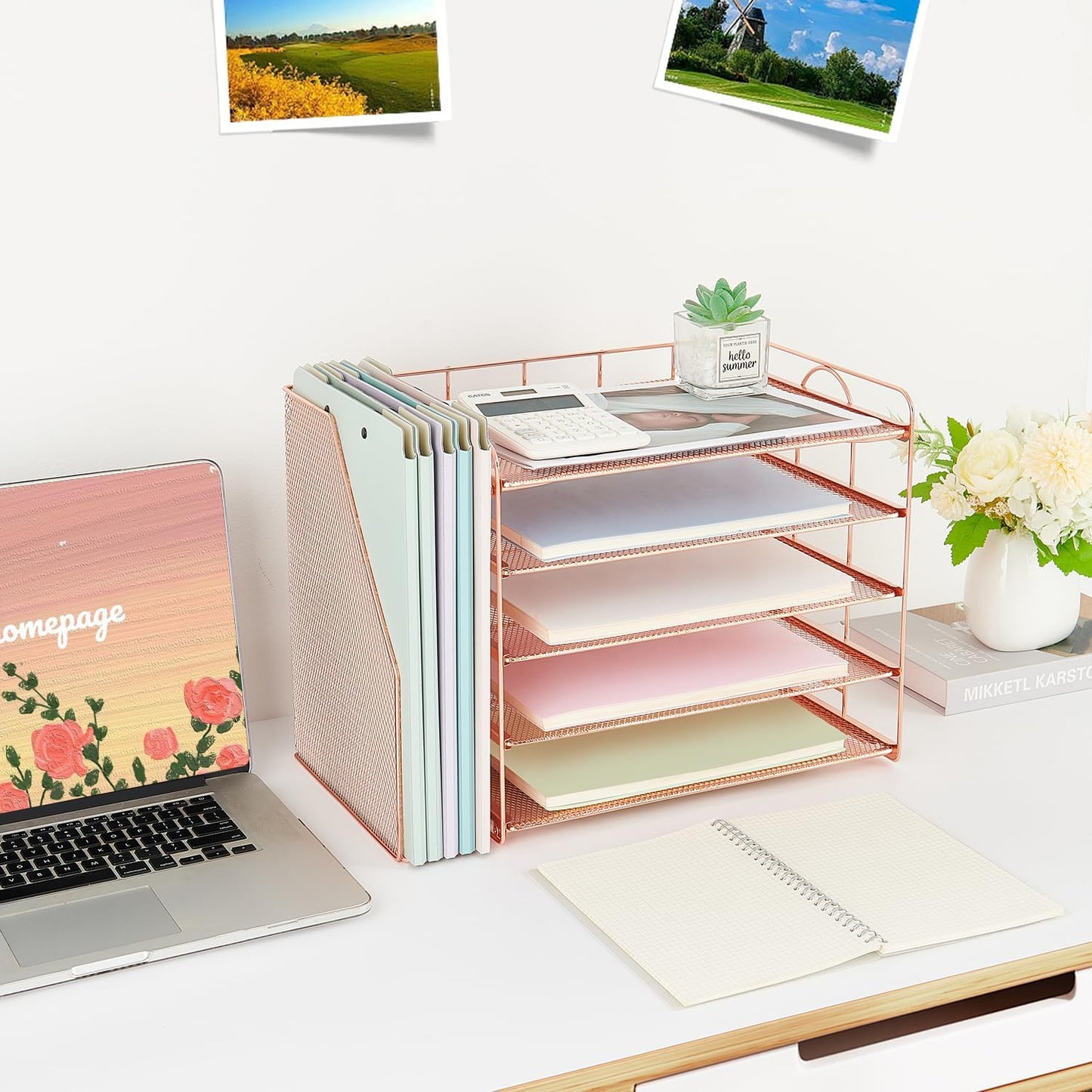 Desk Organizers and Accessories, 5 Tier Paper Letter Tray File Organizer, Office Organization Storage Desk Accessories Workspace Desktop Organizer for Classroom Office Supplies Decor(Rose)
