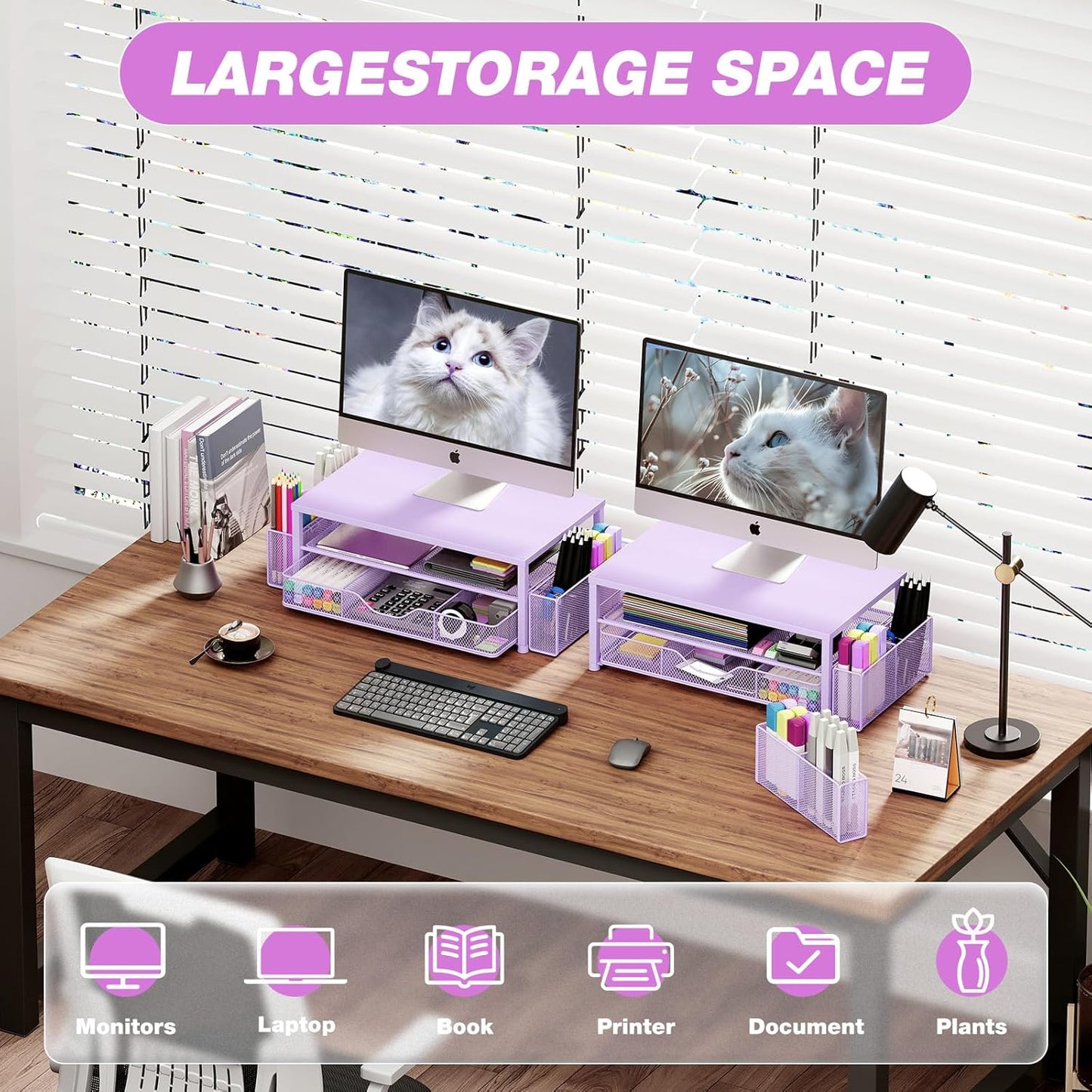 Desk Organizers and Accessories, 2-Tier Computer Monitor Stand Riser with Drawer and 2 Pen Holders, Office Desk Accessories for Office Supplies, Purple