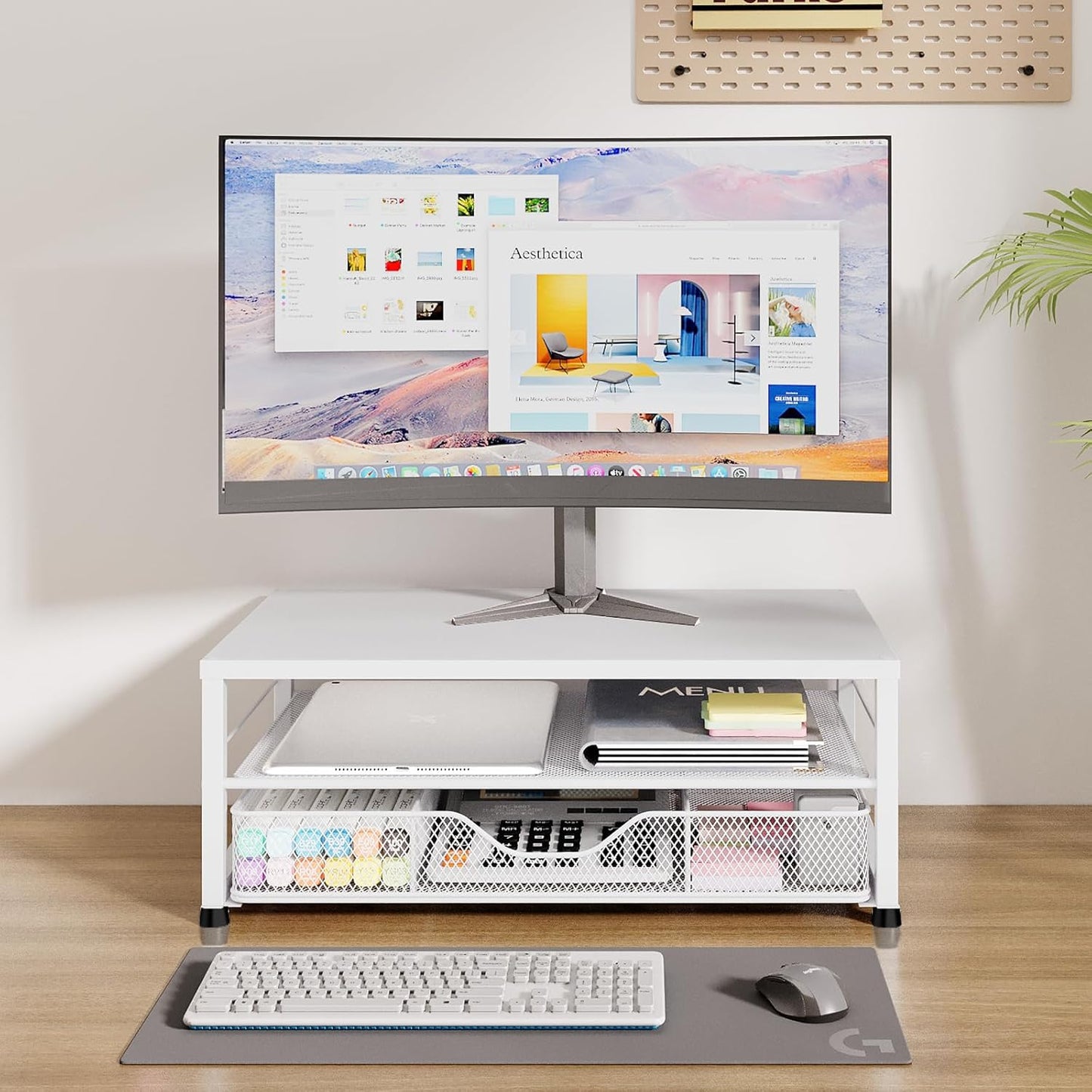 Desk Organizers and Accessories, 2-Tier Computer Monitor Stand Riser for Desk Organizer with Drawer, Desktop Workspace Organizer & Office Desk Computer Accessories for Office Supplies(White)