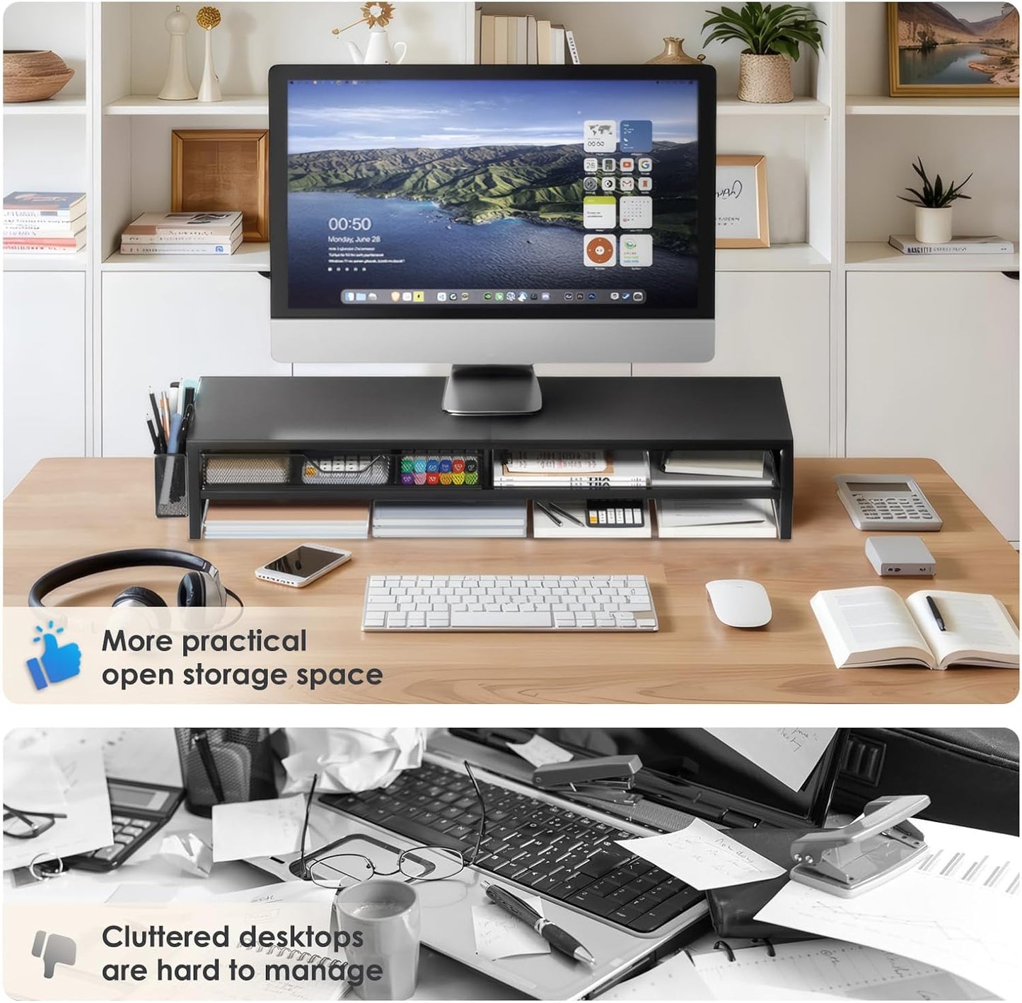 Desk Organizers and Accessories, 2-Tier Dual Computer Monitor Stand Riser for Desk Organizer with Drawer & Pen Holder, Desktop Workspace Organizer & Desk Accessories for Office Supplies(Black)
