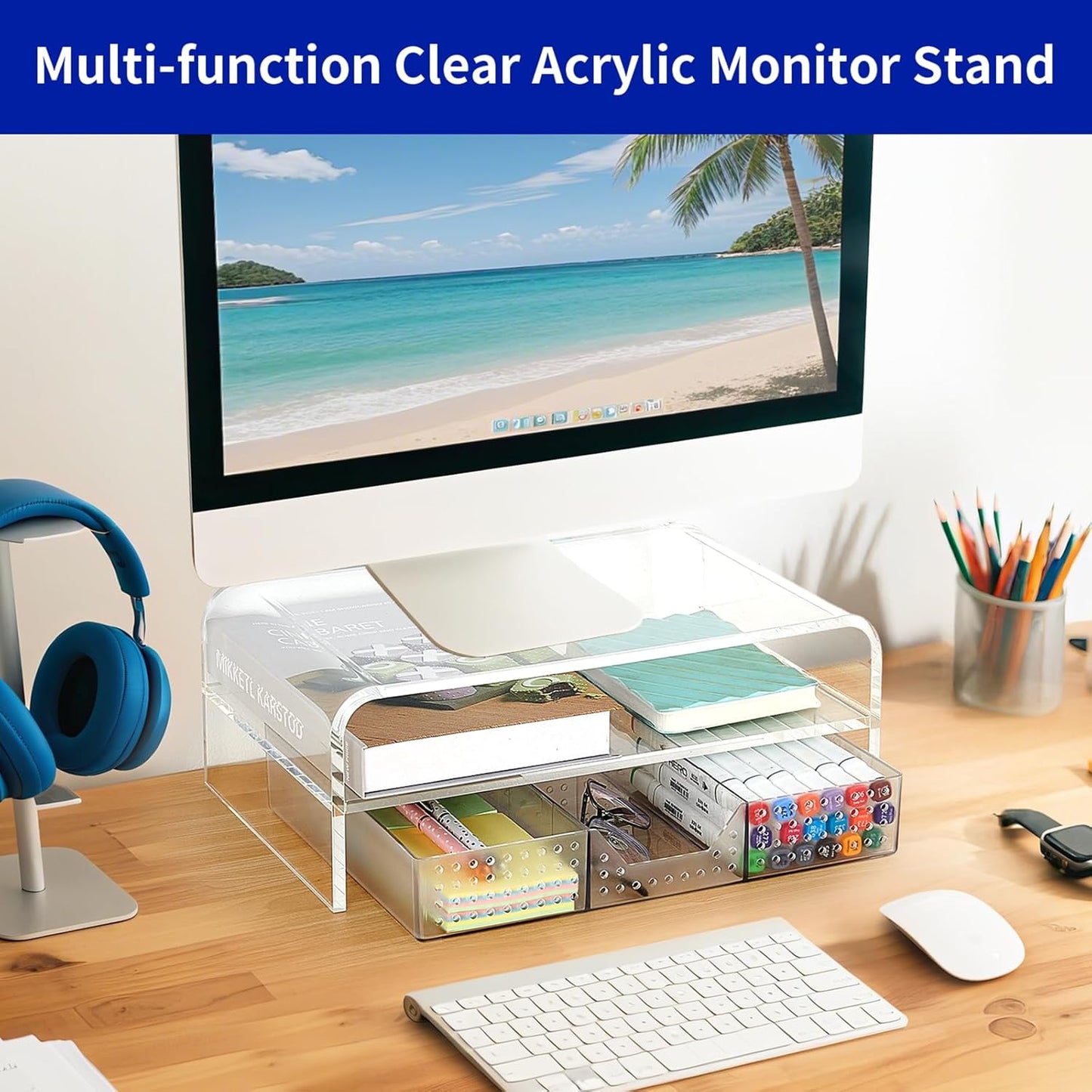 Acrylic Clear Desk Organizers and Accessories, 2-Tier Computer Monitor Stand Riser with Drawer, Office Desk Accessories for Office Supplies, Transparent