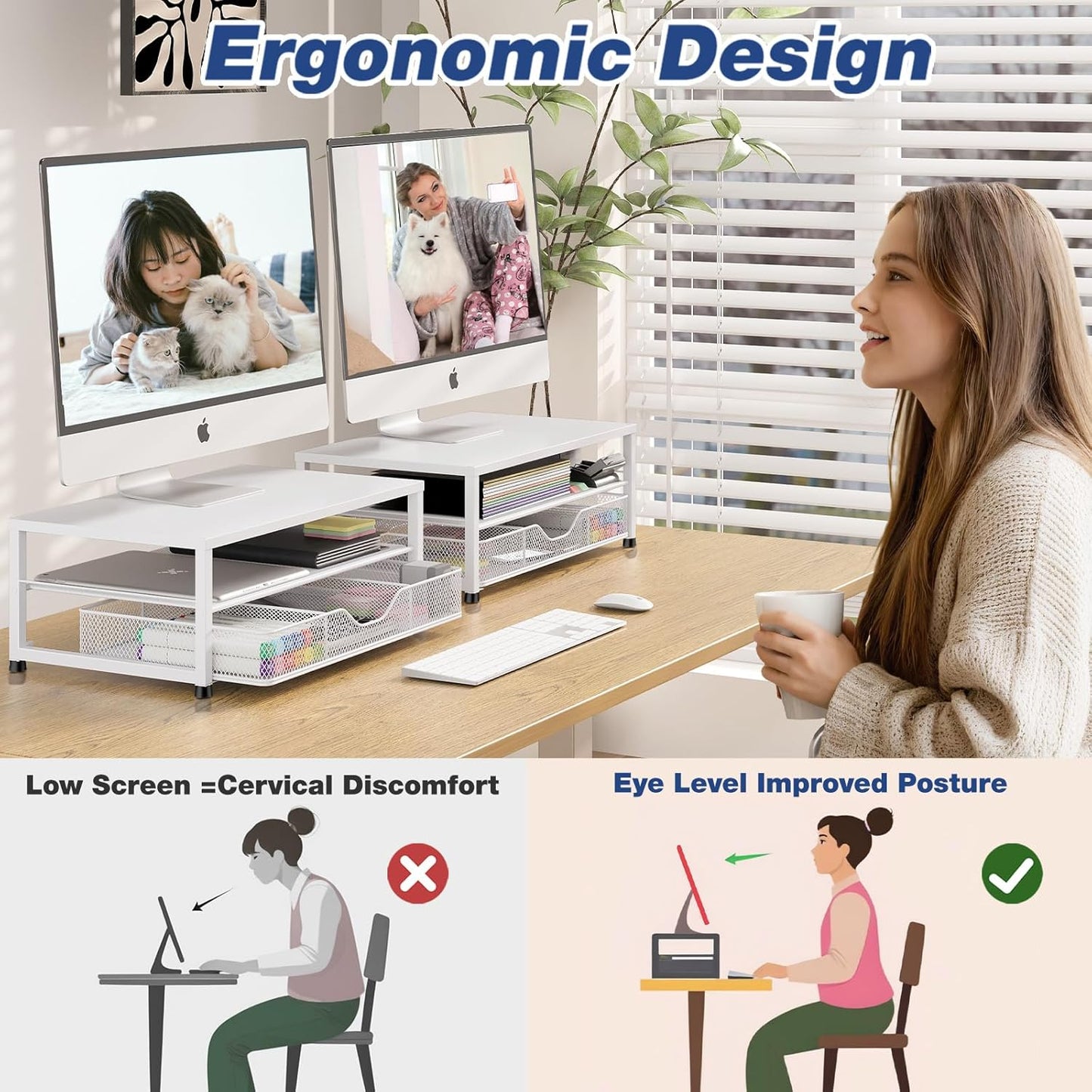 Desk Organizers and Accessories, 2-Tier Computer Monitor Stand Riser for Desk Organizer with Drawer, Desktop Workspace Organizer & Office Desk Computer Accessories for Office Supplies(White)