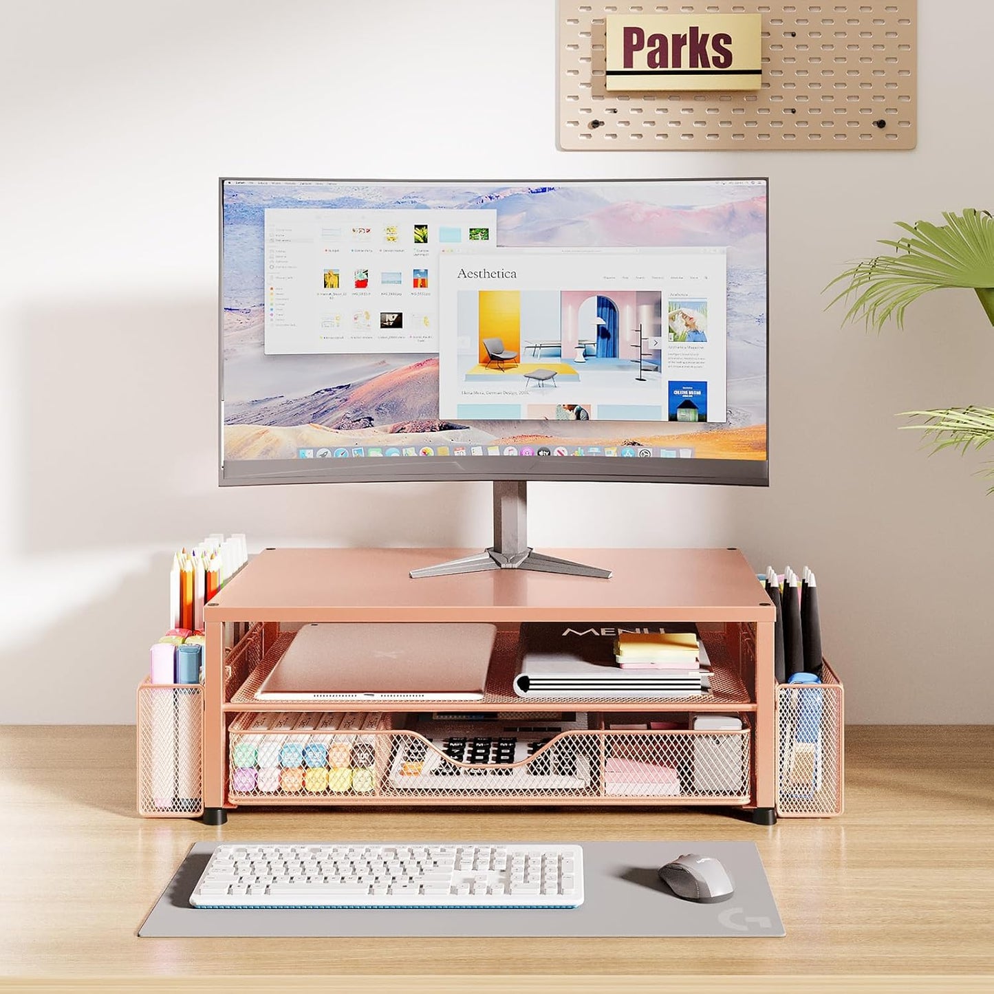 Desk Organizers and Accessories, 2-Tier Computer Monitor Stand with Drawer and 2 Pen Holders, Office Desk Accessories for Office Supplies, Rose Gold