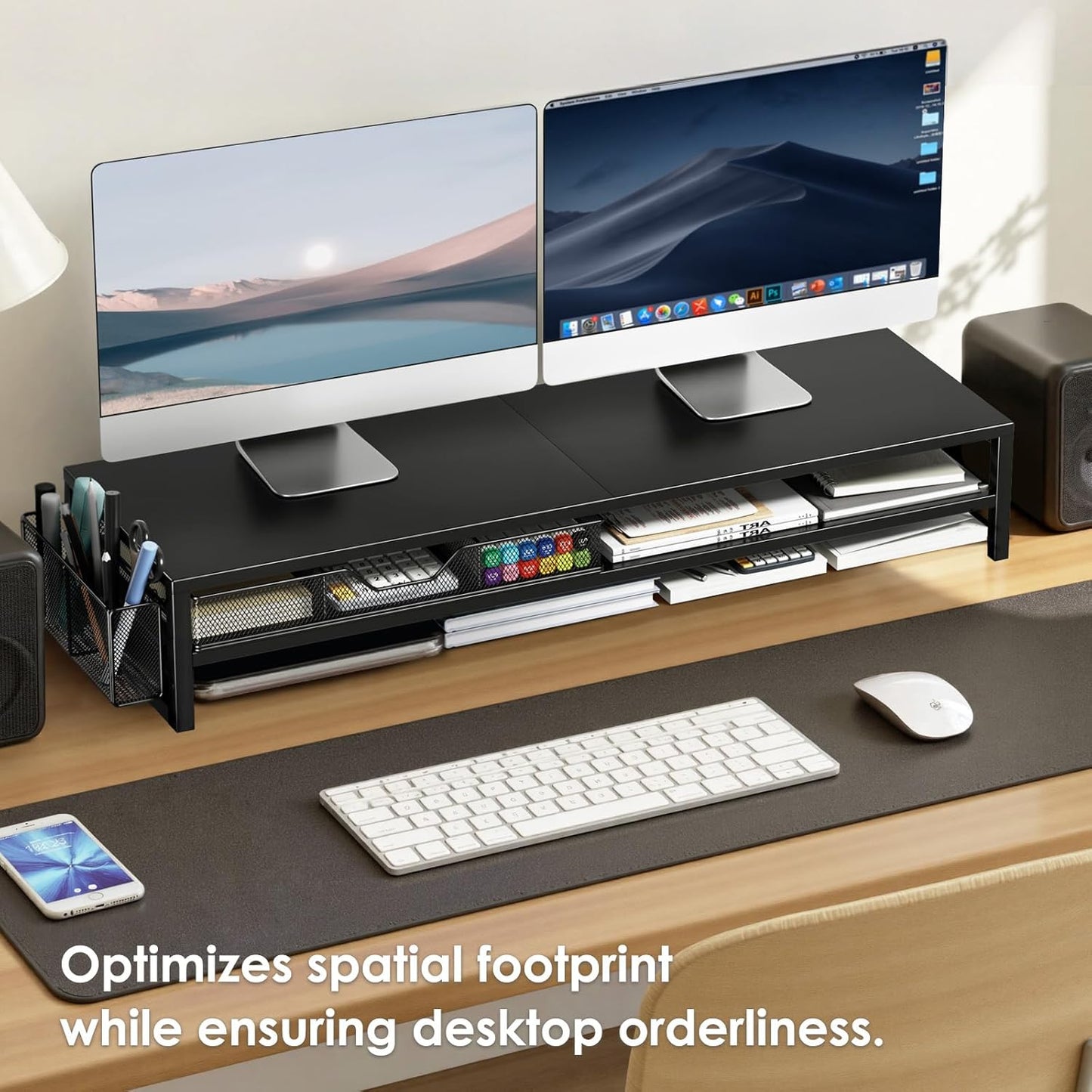 Desk Organizers and Accessories, 2-Tier Dual Computer Monitor Stand Riser for Desk Organizer with Drawer & Pen Holder, Desktop Workspace Organizer & Desk Accessories for Office Supplies(Black)