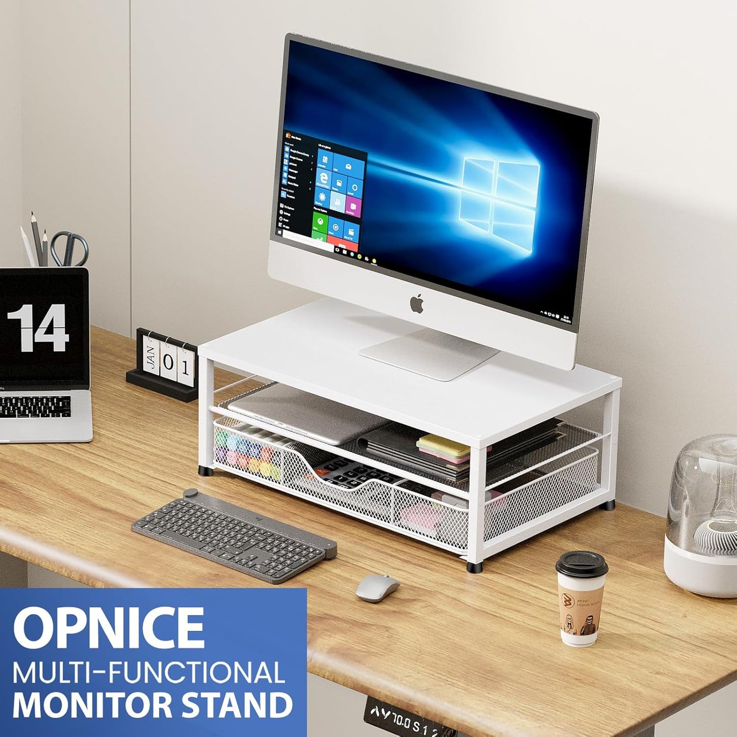 Desk Organizers and Accessories, 2-Tier Computer Monitor Stand Riser for Desk Organizer with Drawer, Desktop Workspace Organizer & Office Desk Computer Accessories for Office Supplies(White)