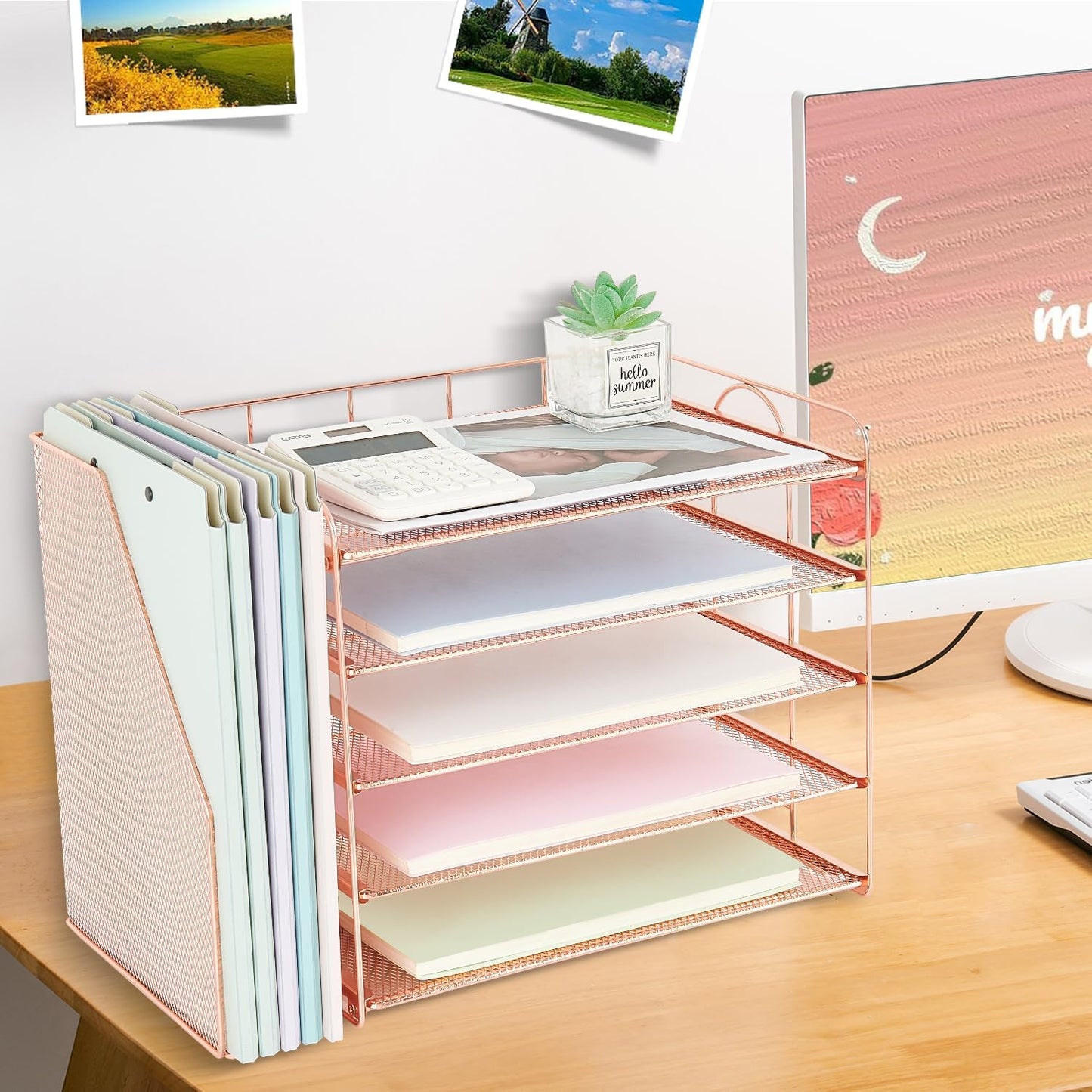 Desk Organizers and Accessories, 5 Tier Paper Letter Tray File Organizer, Office Organization Storage Desk Accessories Workspace Desktop Organizer for Classroom Office Supplies Decor(Rose)