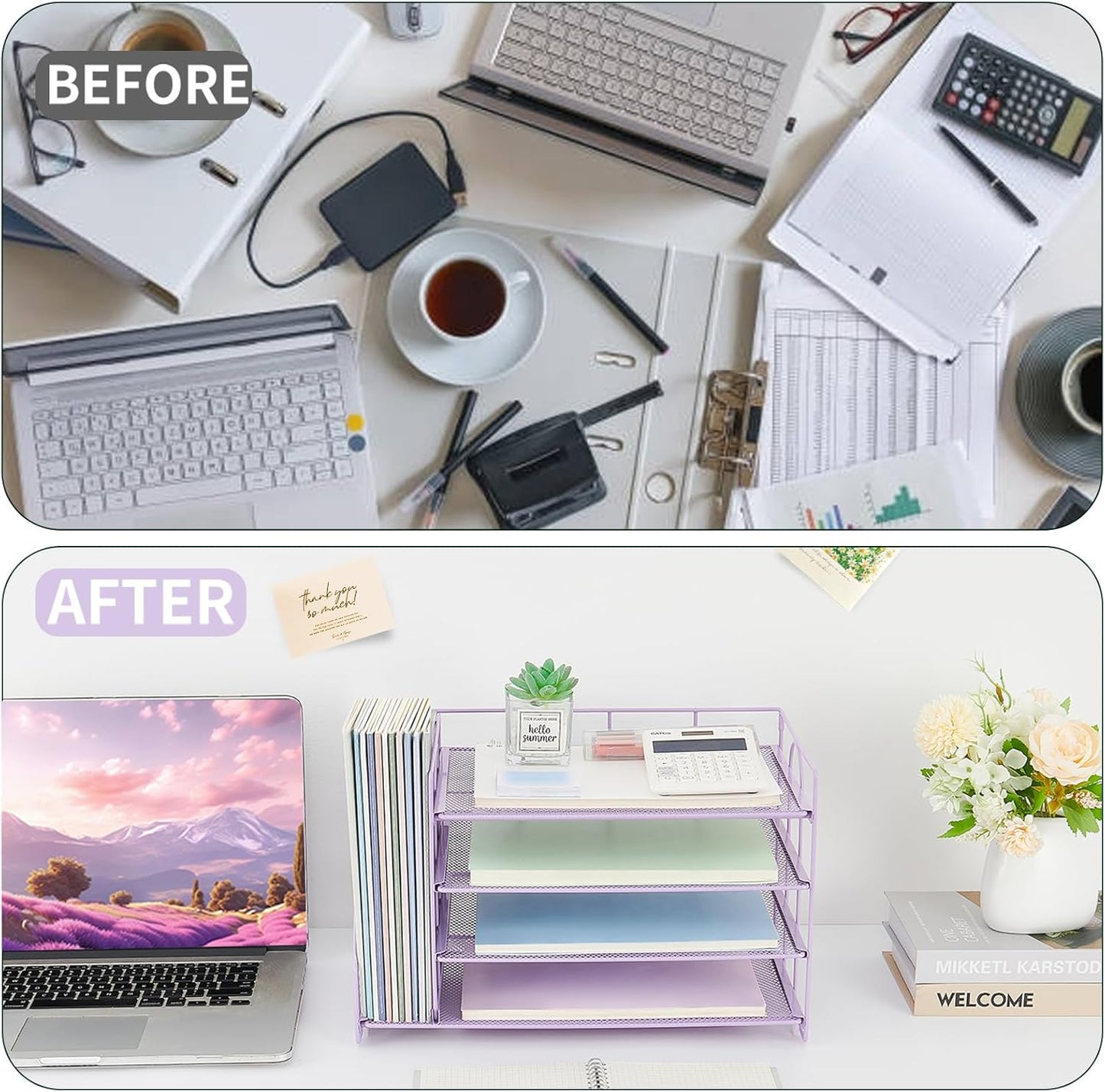Desk Organizers and Accessories, 4 Tier Paper Letter Tray File Organizer, Office Organization Storage Desk Accessories Workspace Desktop Organizer for Classroom Office Supplies Decor, Purple