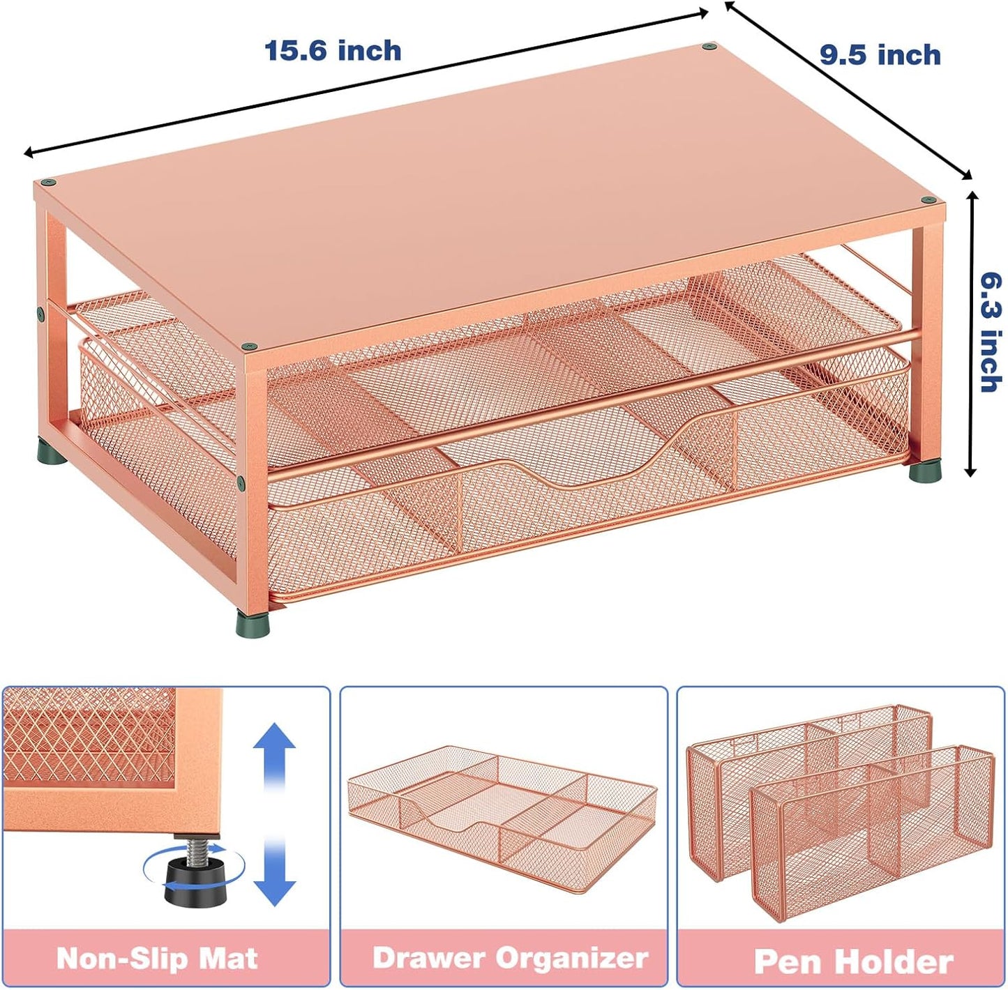Desk Organizers and Accessories, 2-Tier Computer Monitor Stand with Drawer and 2 Pen Holders, Office Desk Accessories for Office Supplies, Rose Gold