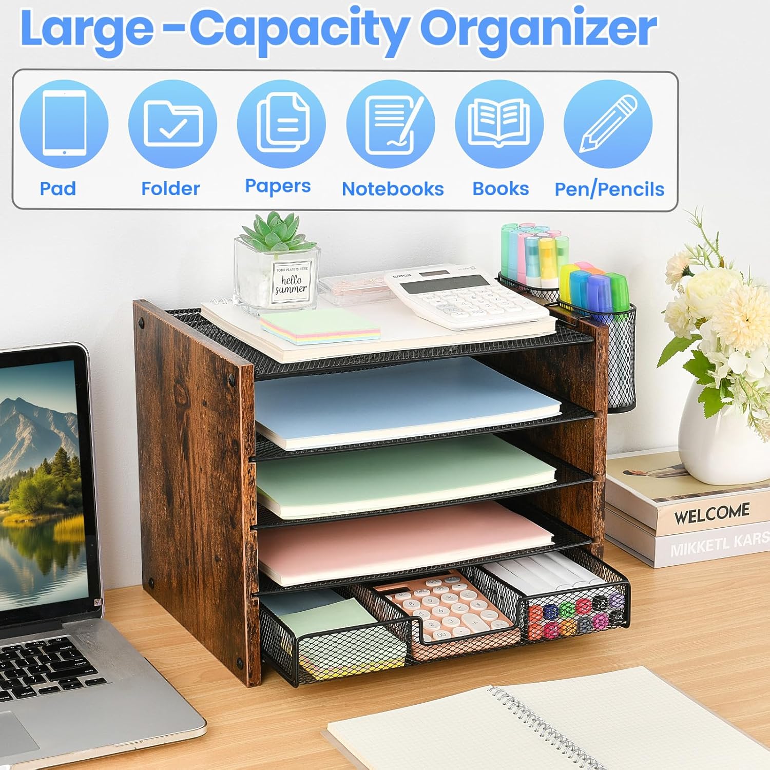 Desk Organizer and Accessories, 5-Tier Paper Letter Tray File Organizer with Drawer &amp; 2 Pen Holder, Office Desk Accessories Workspace Desktop Organizer for Office Supplies(Brown)