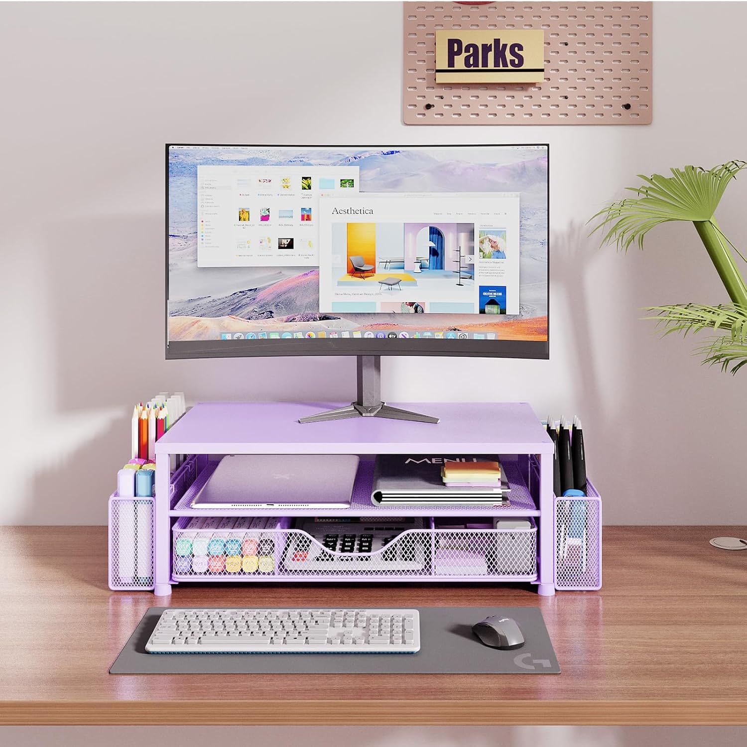 Desk Organizers and Accessories, 2-Tier Computer Monitor Stand Riser with Drawer and 2 Pen Holders, Office Desk Accessories for Office Supplies, Purple