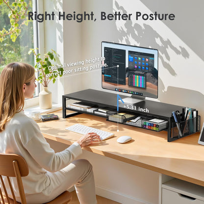 Desk Organizers and Accessories, 2-Tier Dual Computer Monitor Stand Riser for Desk Organizer with Drawer &amp; Pen Holder, Desktop Workspace Organizer &amp; Desk Accessories for Office Supplies(Black)