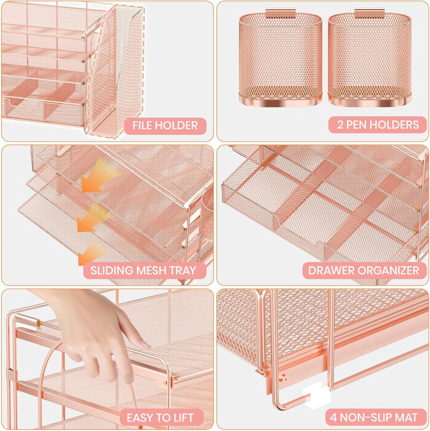 Desk Organizers and Accessories, 5-Tier Paper File Organizer with Drawer &amp; Pen Holder, Office Desk Accessories Workspace Desktop Organizer for Office Supplies (Rose Gold)