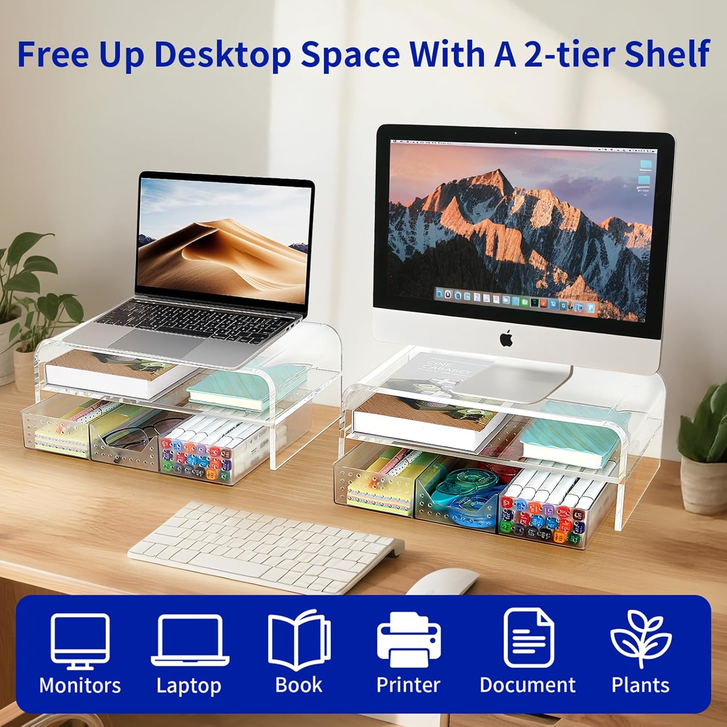 Acrylic Clear Desk Organizers and Accessories, 2-Tier Computer Monitor Stand Riser with Drawer, Office Desk Accessories for Office Supplies, Transparent