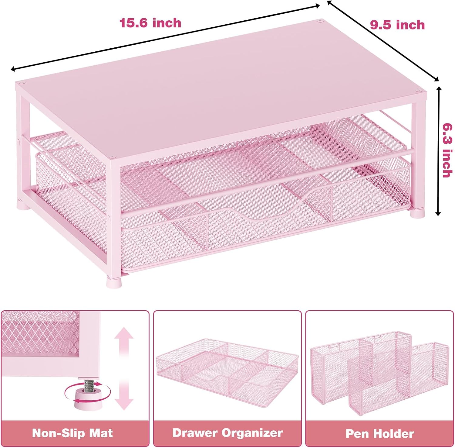 Desk Organizers and Accessories, 2-Tier Computer Monitor Stand Riser with Drawer and 2 Pen Holders, Office Desk Accessories for Office Supplies, Pink