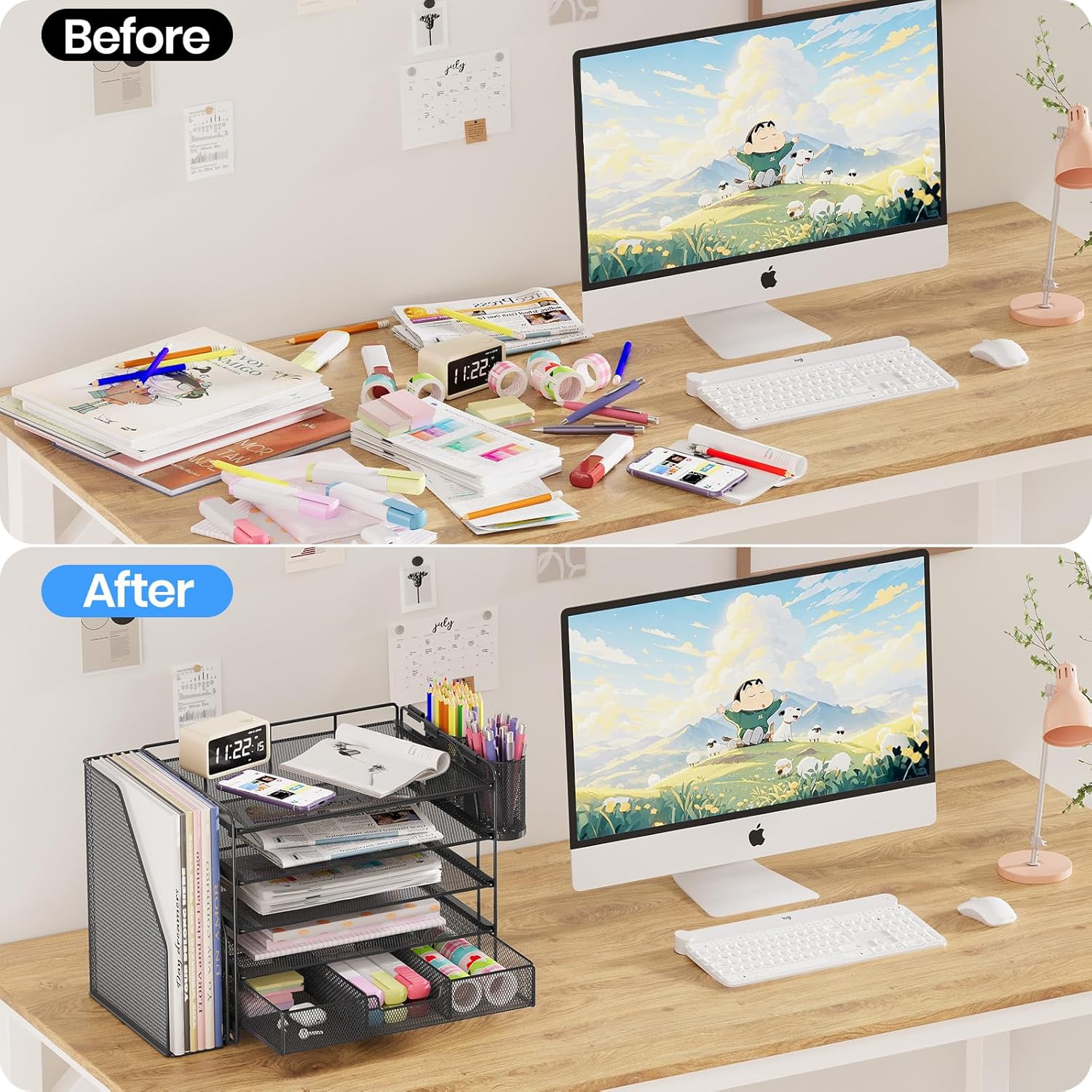 Desk Organizers and Accessories, 5-Tier Paper File Organizer with Drawer &amp; Pen Holder, Office Desk Accessories Workspace Desktop Organizer for Office Supplies(Black)