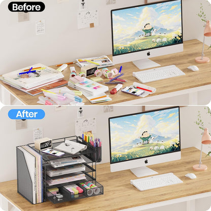 Desk Organizers and Accessories, 5-Tier Paper File Organizer with Drawer &amp; Pen Holder, Office Desk Accessories Workspace Desktop Organizer for Office Supplies(Black)