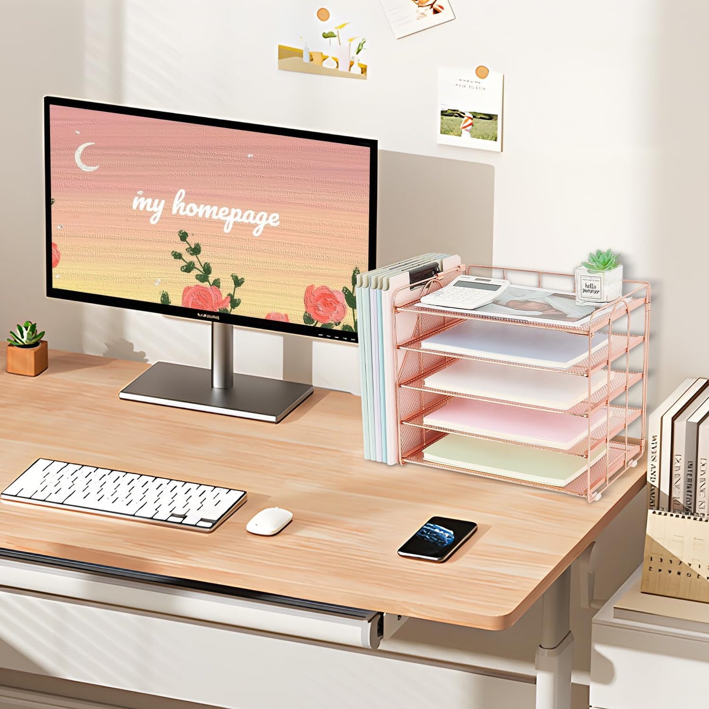 Desk Organizers and Accessories, 5 Tier Paper Letter Tray File Organizer, Office Organization Storage Desk Accessories Workspace Desktop Organizer for Classroom Office Supplies Decor(Rose)