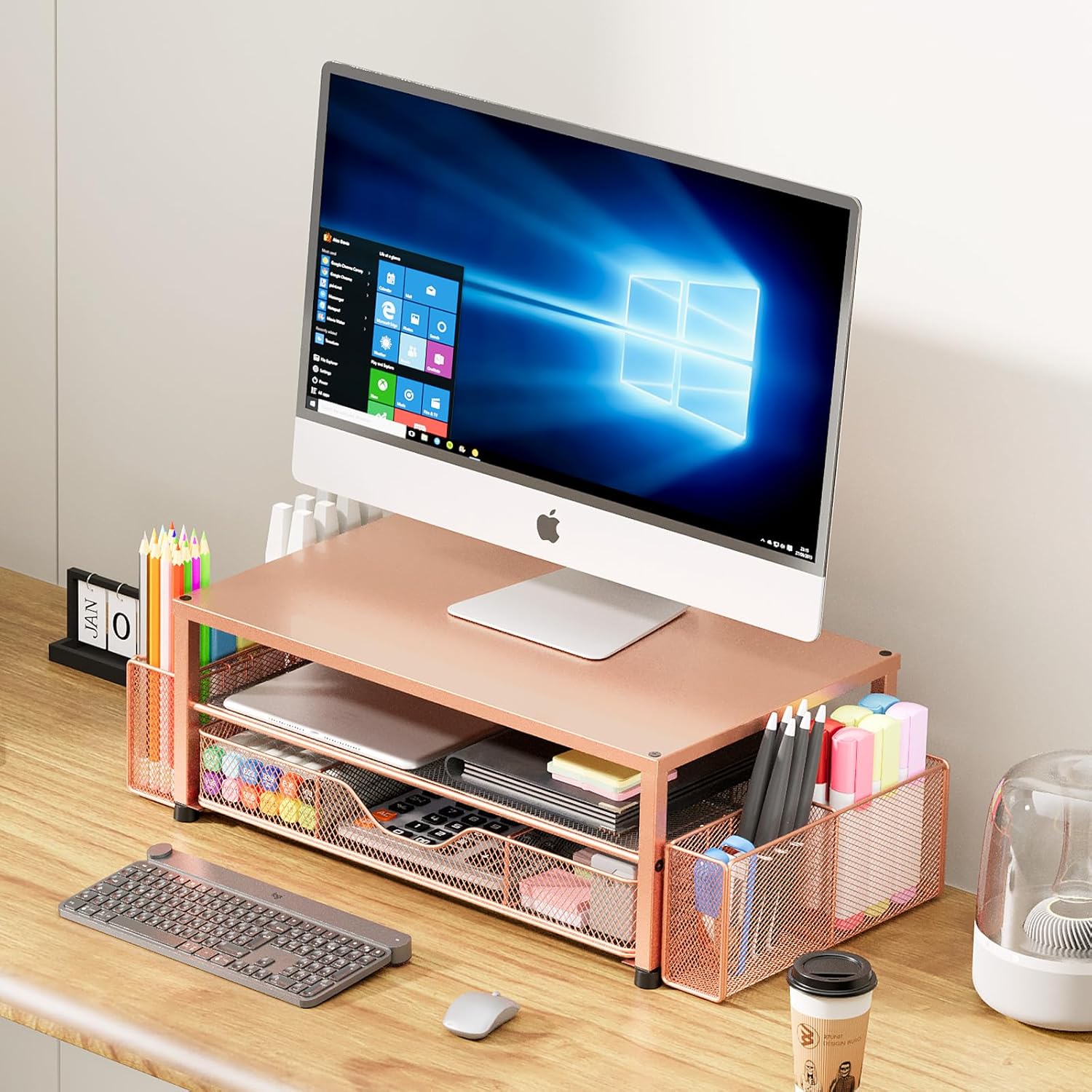 Desk Organizers and Accessories, 2-Tier Computer Monitor Stand with Drawer and 2 Pen Holders, Office Desk Accessories for Office Supplies, Rose Gold
