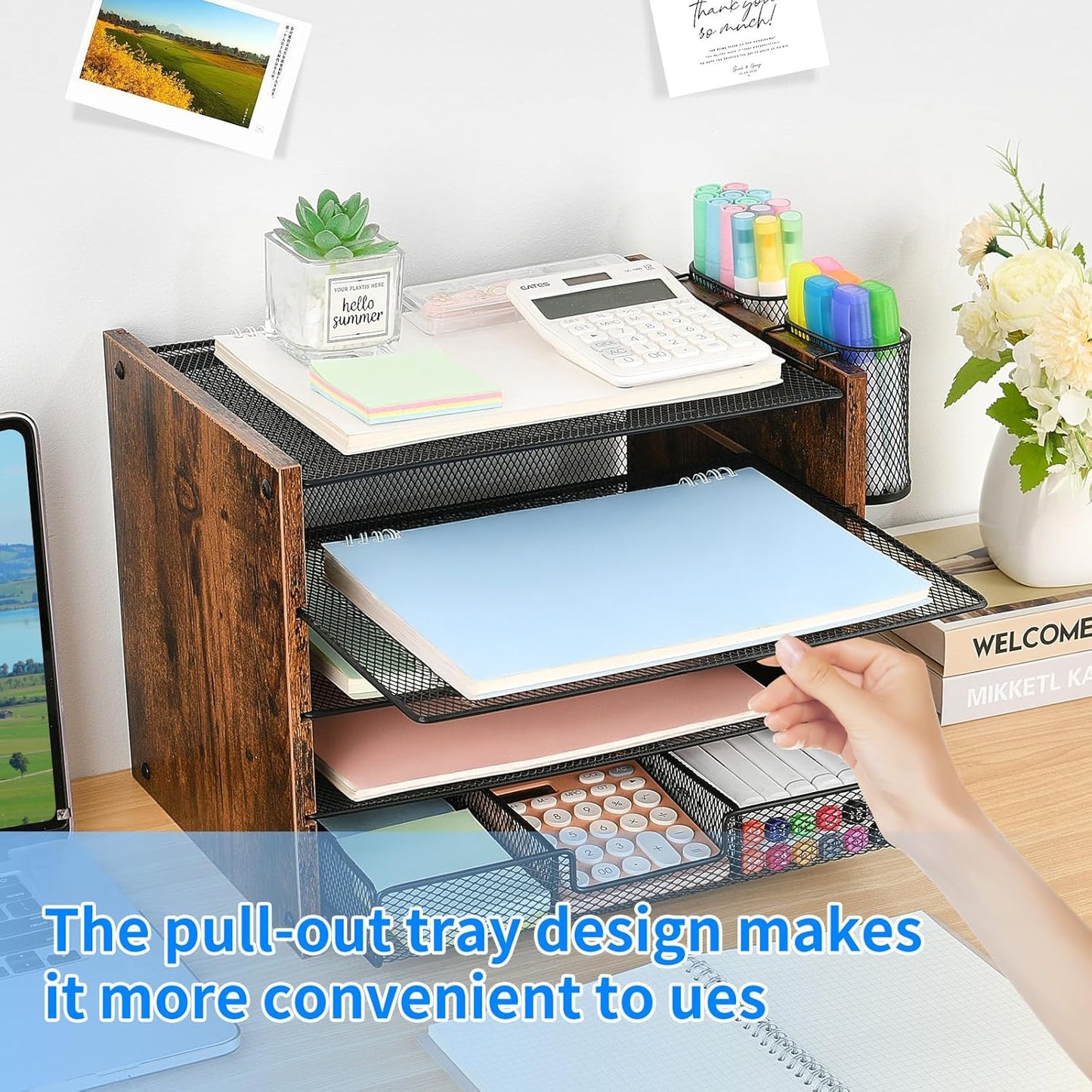 Desk Organizer and Accessories, 5-Tier Paper Letter Tray File Organizer with Drawer &amp; 2 Pen Holder, Office Desk Accessories Workspace Desktop Organizer for Office Supplies(Brown)