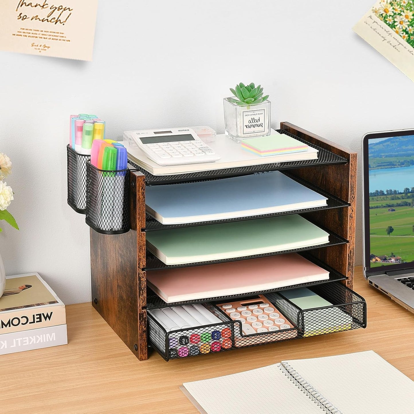 Desk Organizer and Accessories, 5-Tier Paper Letter Tray File Organizer with Drawer &amp; 2 Pen Holder, Office Desk Accessories Workspace Desktop Organizer for Office Supplies(Brown)