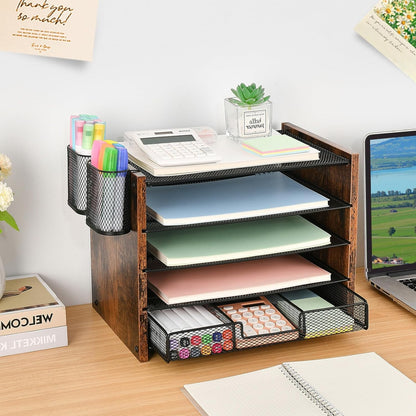 Desk Organizer and Accessories, 5-Tier Paper Letter Tray File Organizer with Drawer &amp; 2 Pen Holder, Office Desk Accessories Workspace Desktop Organizer for Office Supplies(Brown)