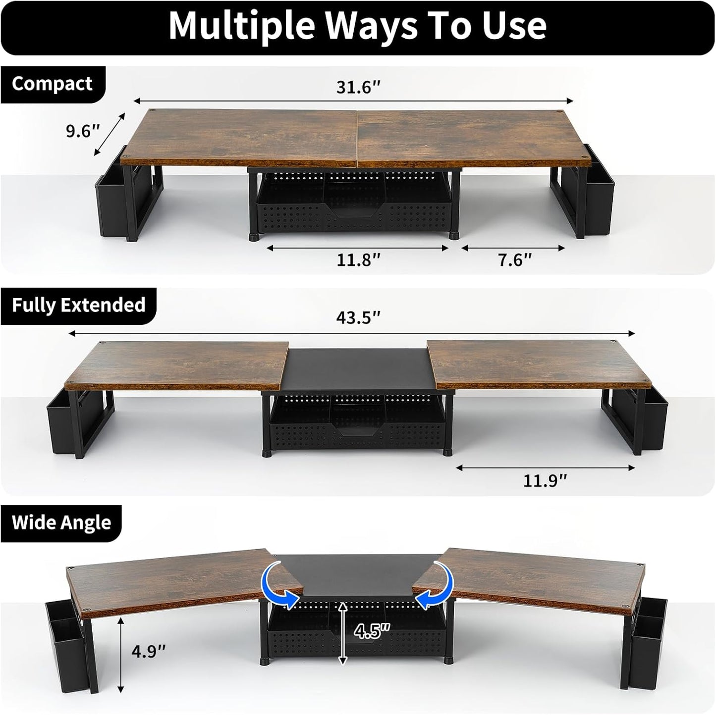 Desk Dual Monitor Stand Riser - Desk Organizer with Drawer and Pen Holders, Office Desk Accessories &amp; Workspace Organization, Computer Monitor Stand for Laptop, Printer, TV, Office Decor, Wood