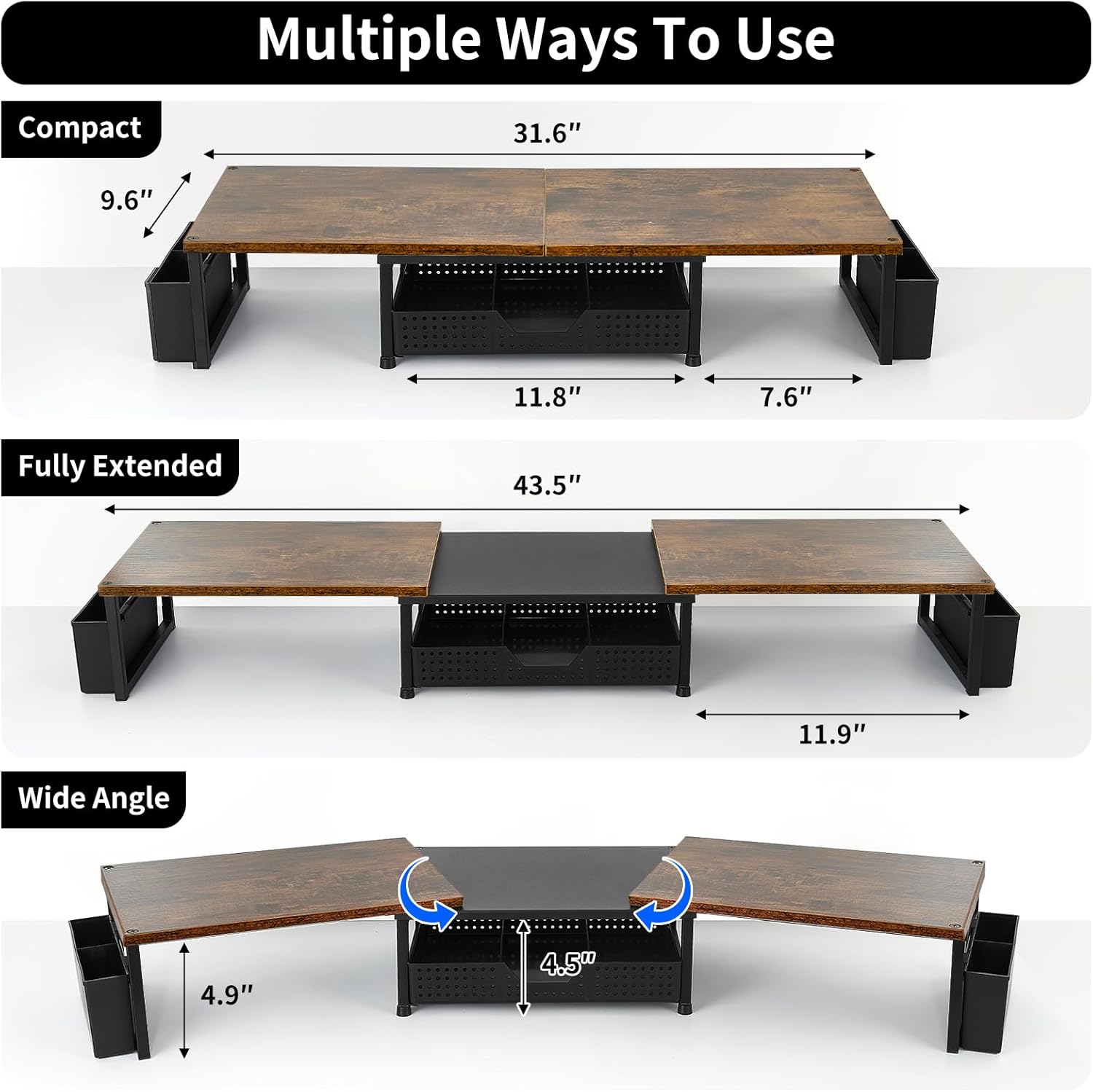 Desk Dual Monitor Stand Riser - Desk Organizer with Drawer and Pen Holders, Office Desk Accessories &amp; Workspace Organization, Computer Monitor Stand for Laptop, Printer, TV, Office Decor, Wood