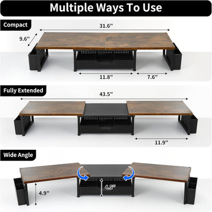 Desk Dual Monitor Stand Riser - Desk Organizer with Drawer and Pen Holders, Office Desk Accessories &amp; Workspace Organization, Computer Monitor Stand for Laptop, Printer, TV, Office Decor, Wood