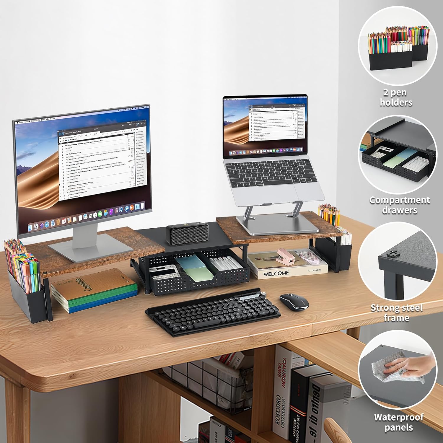 Desk Dual Monitor Stand Riser - Desk Organizer with Drawer and Pen Holders, Office Desk Accessories &amp; Workspace Organization, Computer Monitor Stand for Laptop, Printer, TV, Office Decor, Wood
