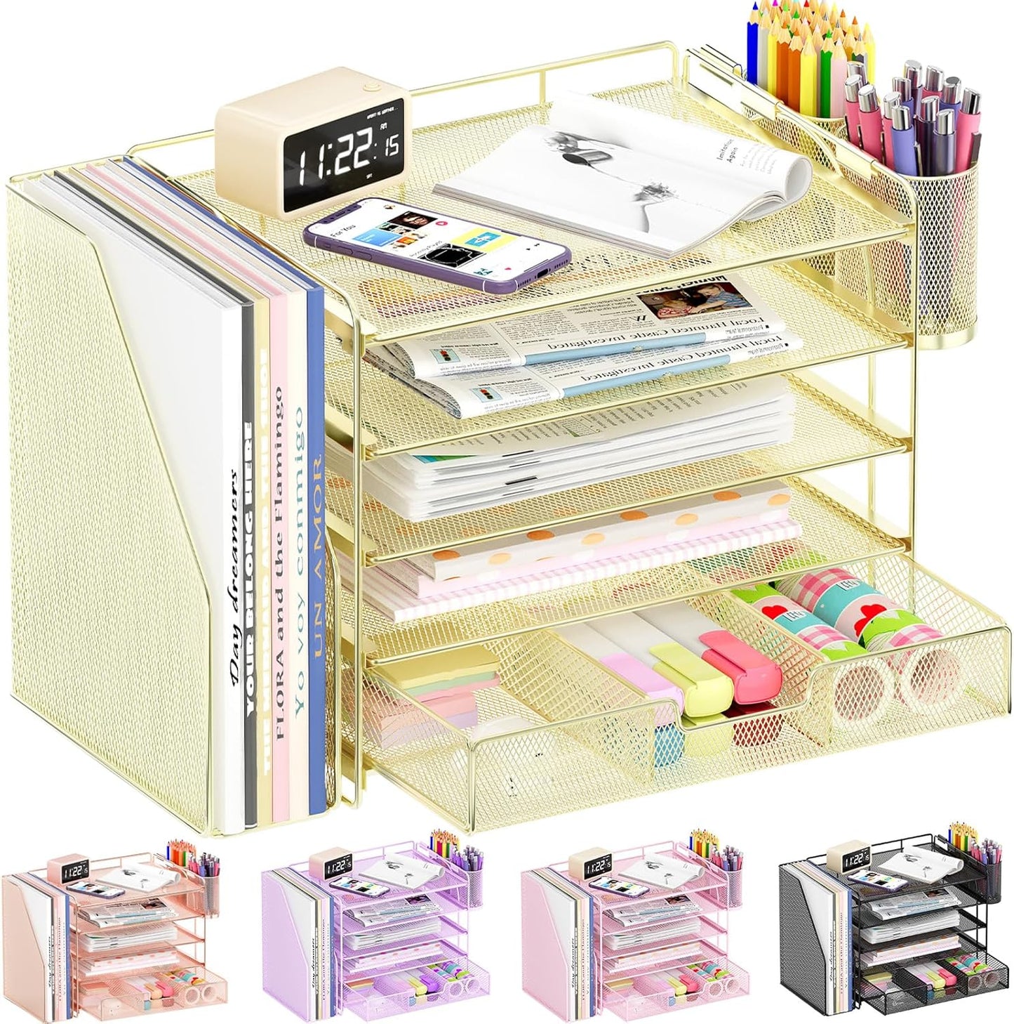 Desk Organizers and Accessories, 5-Tier Paper File Organizer with Drawer &amp; Pen Holder, Office Desk Accessories Workspace Desktop Organizer for Office Supplies(Gold)