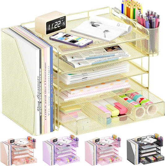 Desk Organizers and Accessories, 5-Tier Paper File Organizer with Drawer &amp; Pen Holder, Office Desk Accessories Workspace Desktop Organizer for Office Supplies(Gold)