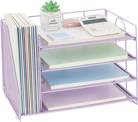 Desk Organizers and Accessories, 4 Tier Paper Letter Tray File Organizer, Office Organization Storage Desk Accessories Workspace Desktop Organizer for Classroom Office Supplies Decor, Purple