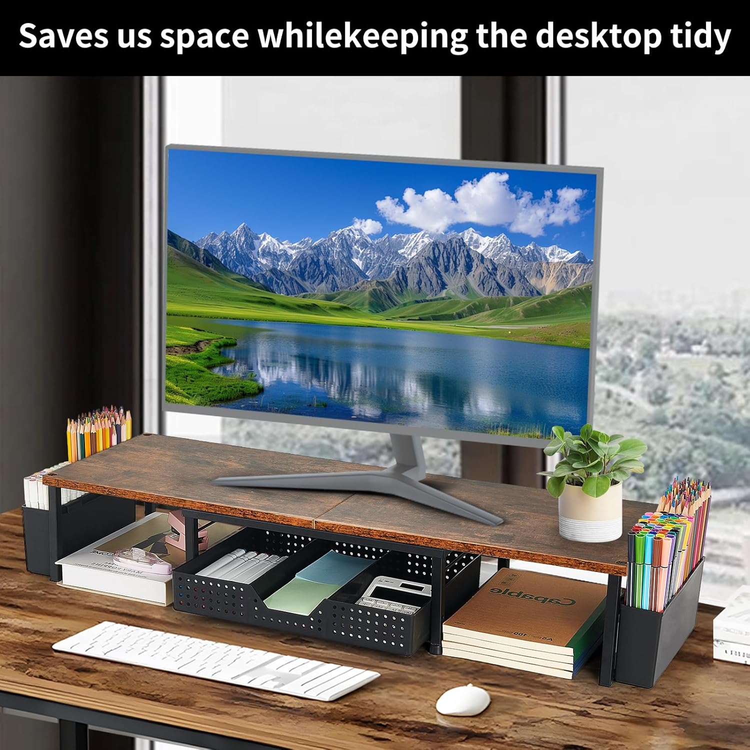 Desk Dual Monitor Stand Riser - Desk Organizer with Drawer and Pen Holders, Office Desk Accessories &amp; Workspace Organization, Computer Monitor Stand for Laptop, Printer, TV, Office Decor, Wood