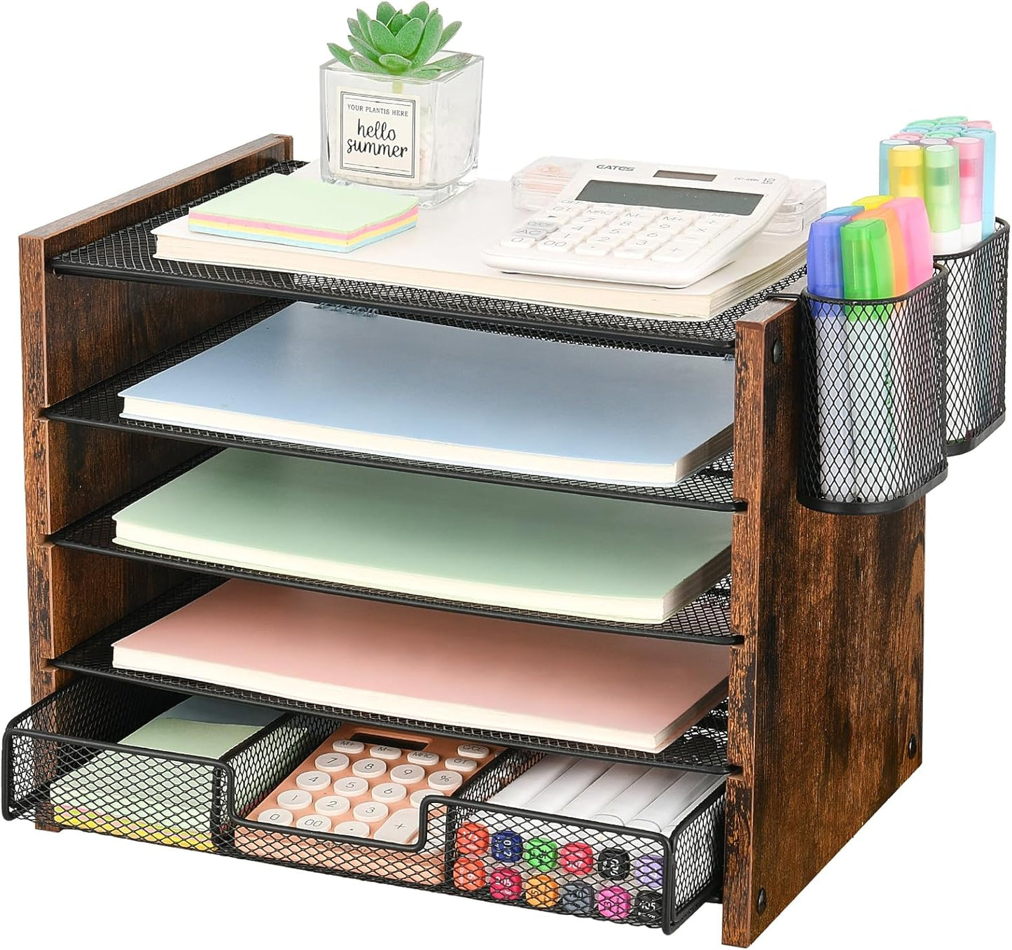 Desk Organizer and Accessories, 5-Tier Paper Letter Tray File Organizer with Drawer &amp; 2 Pen Holder, Office Desk Accessories Workspace Desktop Organizer for Office Supplies(Brown)