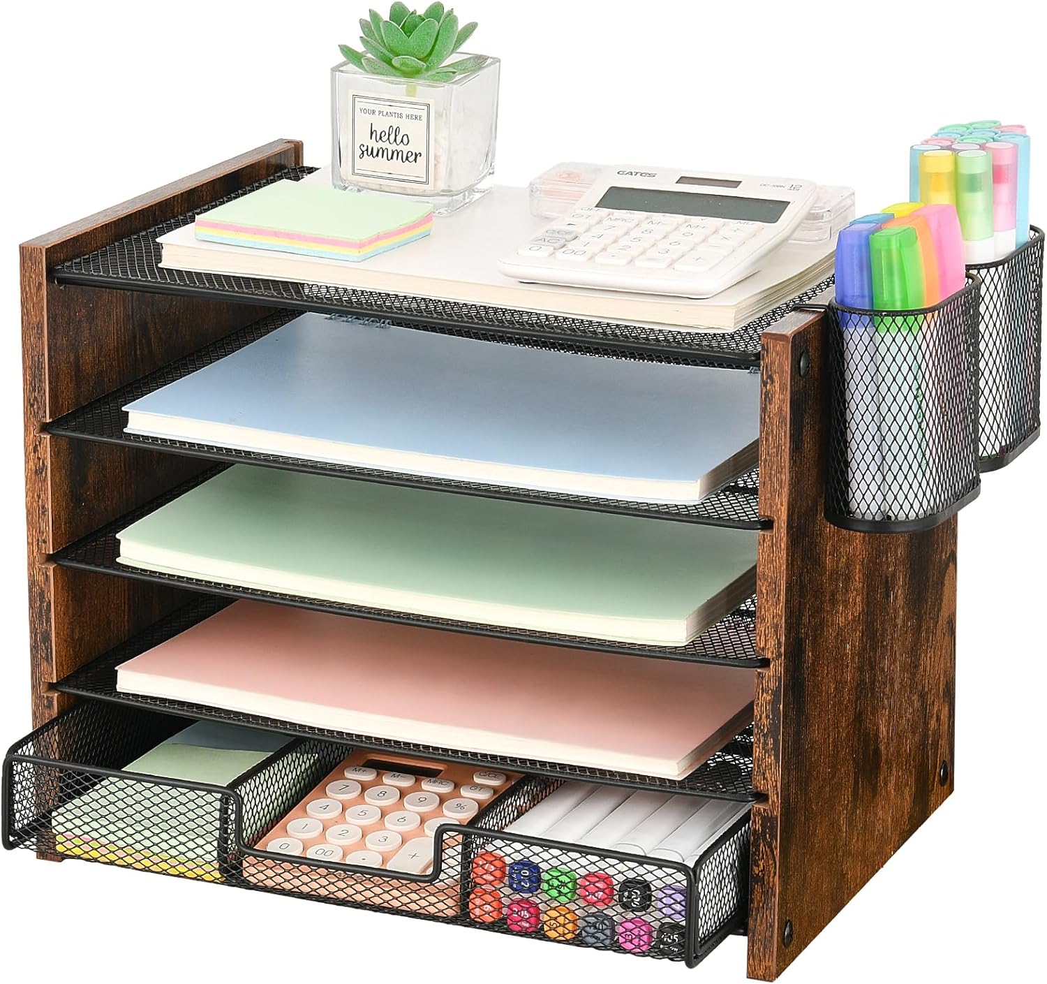 Desk Organizer and Accessories, 5-Tier Paper Letter Tray File Organizer with Drawer &amp; 2 Pen Holder, Office Desk Accessories Workspace Desktop Organizer for Office Supplies(Brown)