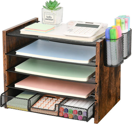 Desk Organizer and Accessories, 5-Tier Paper Letter Tray File Organizer with Drawer &amp; 2 Pen Holder, Office Desk Accessories Workspace Desktop Organizer for Office Supplies(Brown)