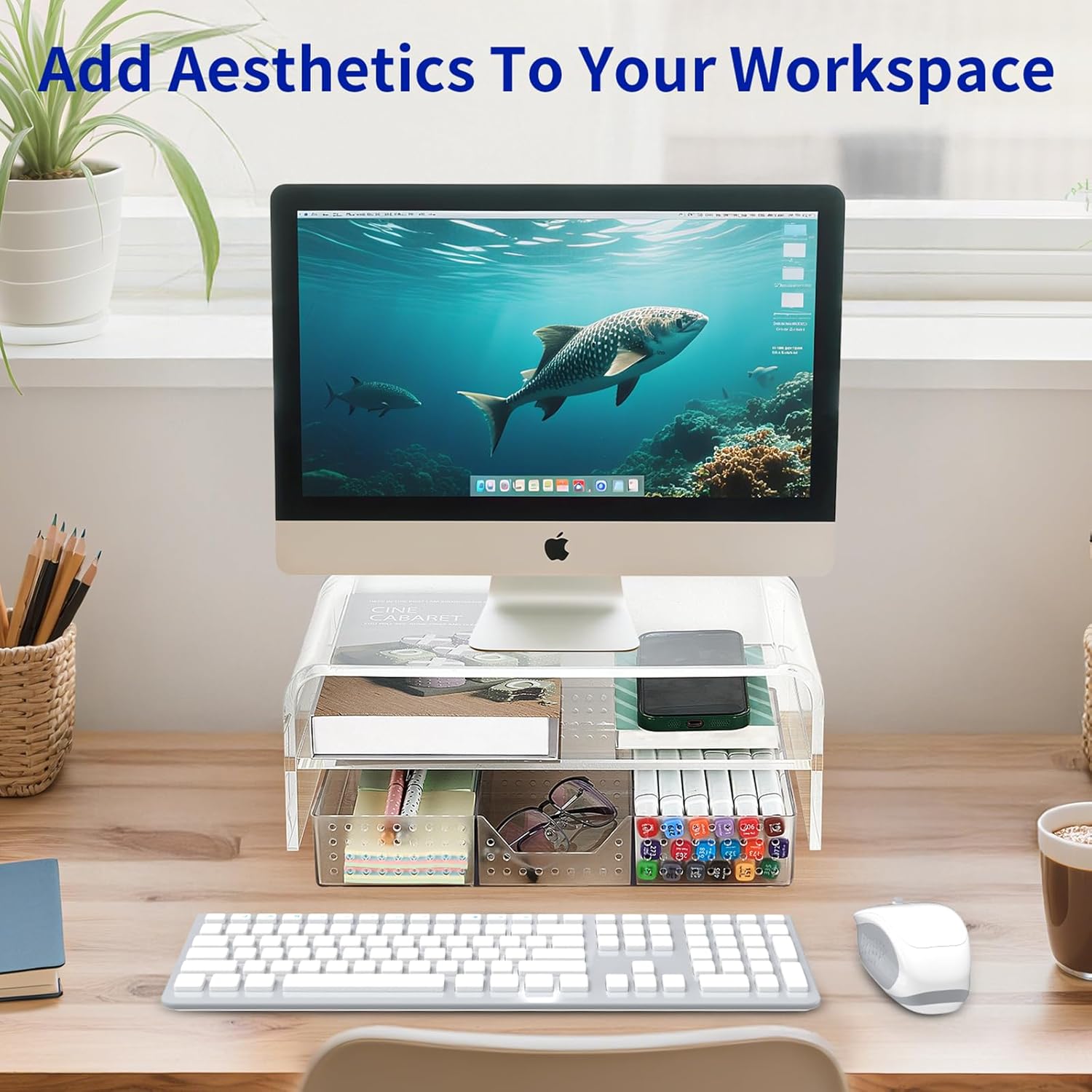 Acrylic Clear Desk Organizers and Accessories, 2-Tier Computer Monitor Stand Riser with Drawer, Office Desk Accessories for Office Supplies, Transparent